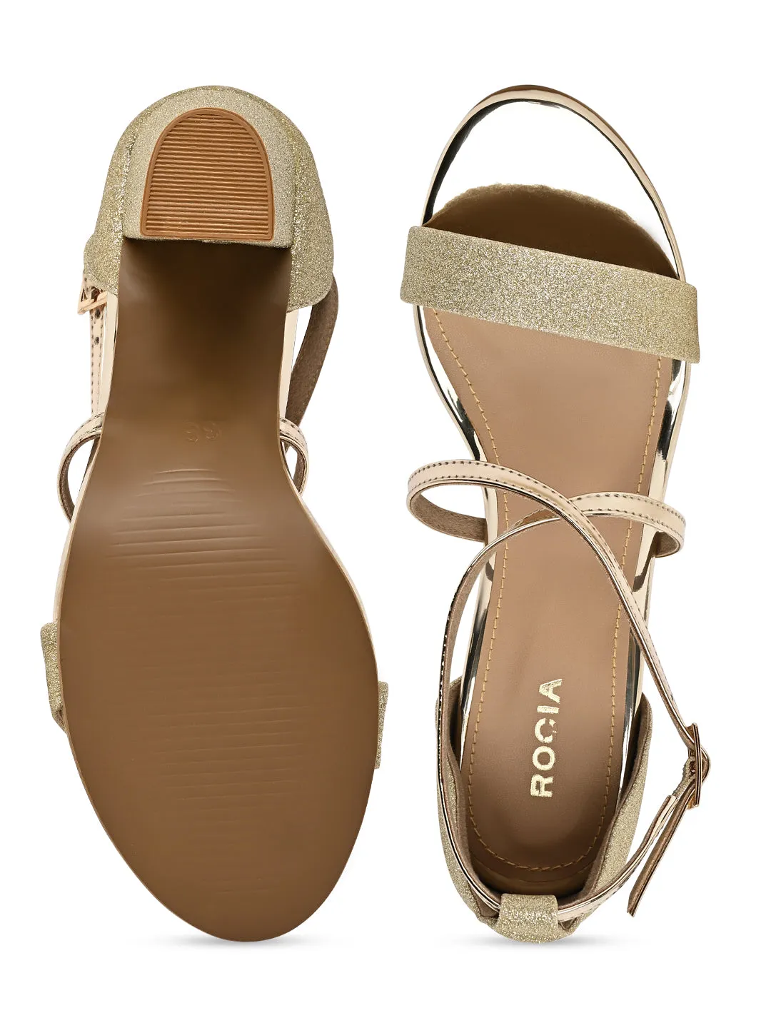 Rocia By Regal Gold Women Shimmery Ankle Strap Block Heels