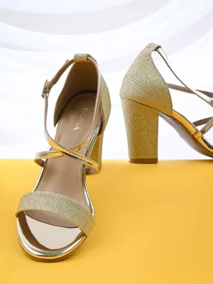 Rocia By Regal Gold Women Shimmery Ankle Strap Block Heels