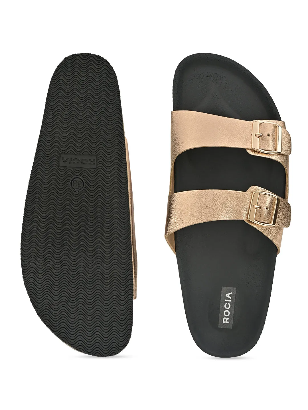 Rocia By Regal Rose Gold Women Open Toe Double Strap Flats