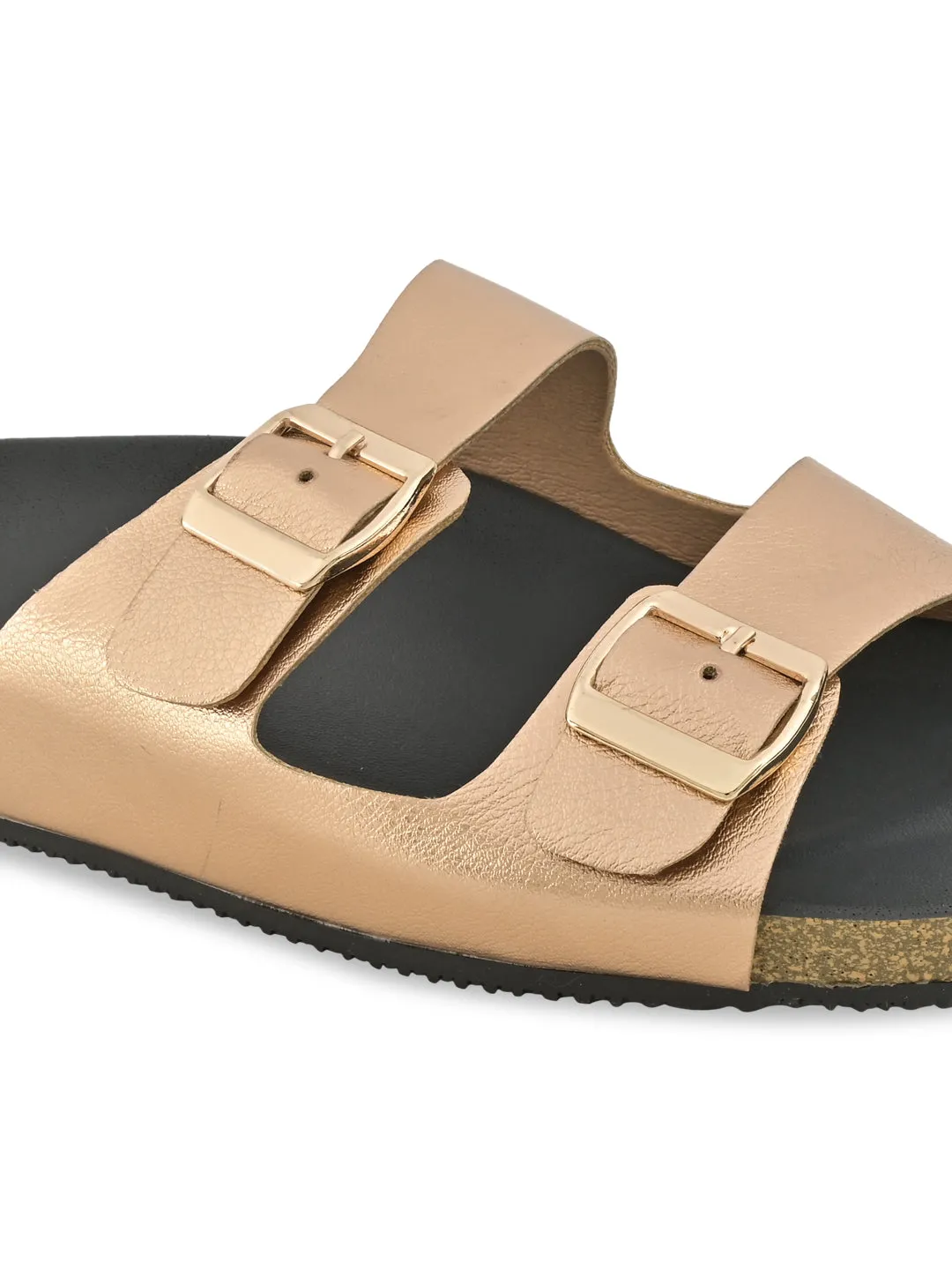 Rocia By Regal Rose Gold Women Open Toe Double Strap Flats