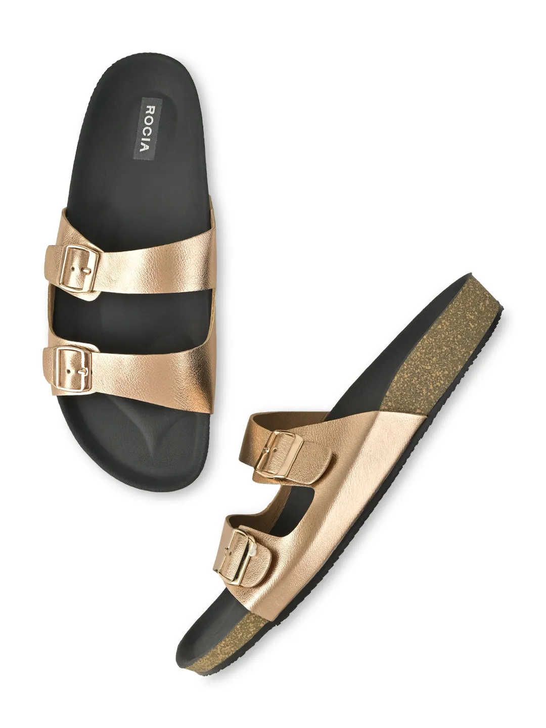 Rocia By Regal Rose Gold Women Open Toe Double Strap Flats