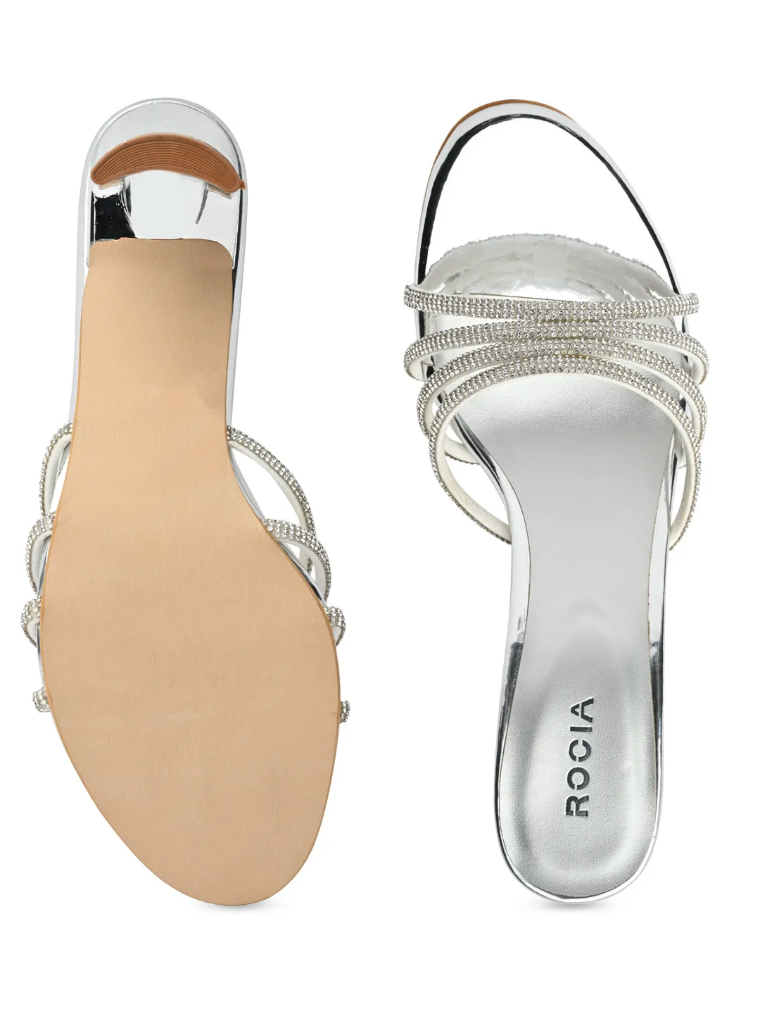 Rocia By Regal Silver Women Diamond Strap Block Heel Sandals