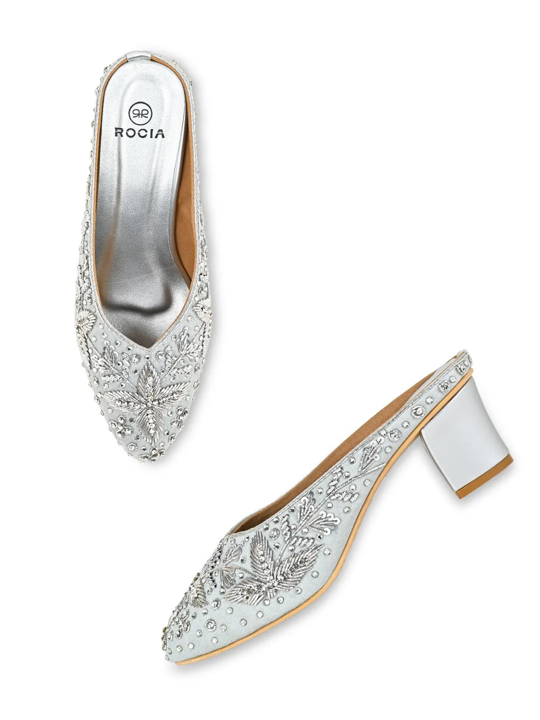 Rocia By Regal Silver Women Embroidered Mojaris With Heels