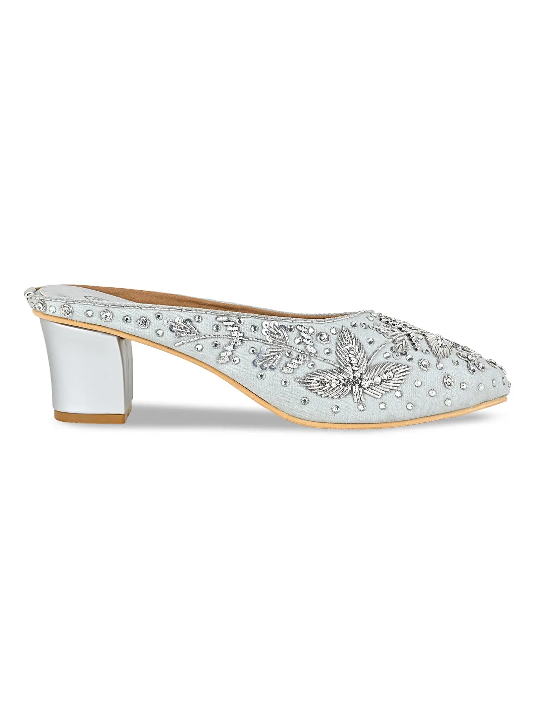 Rocia By Regal Silver Women Embroidered Mojaris With Heels
