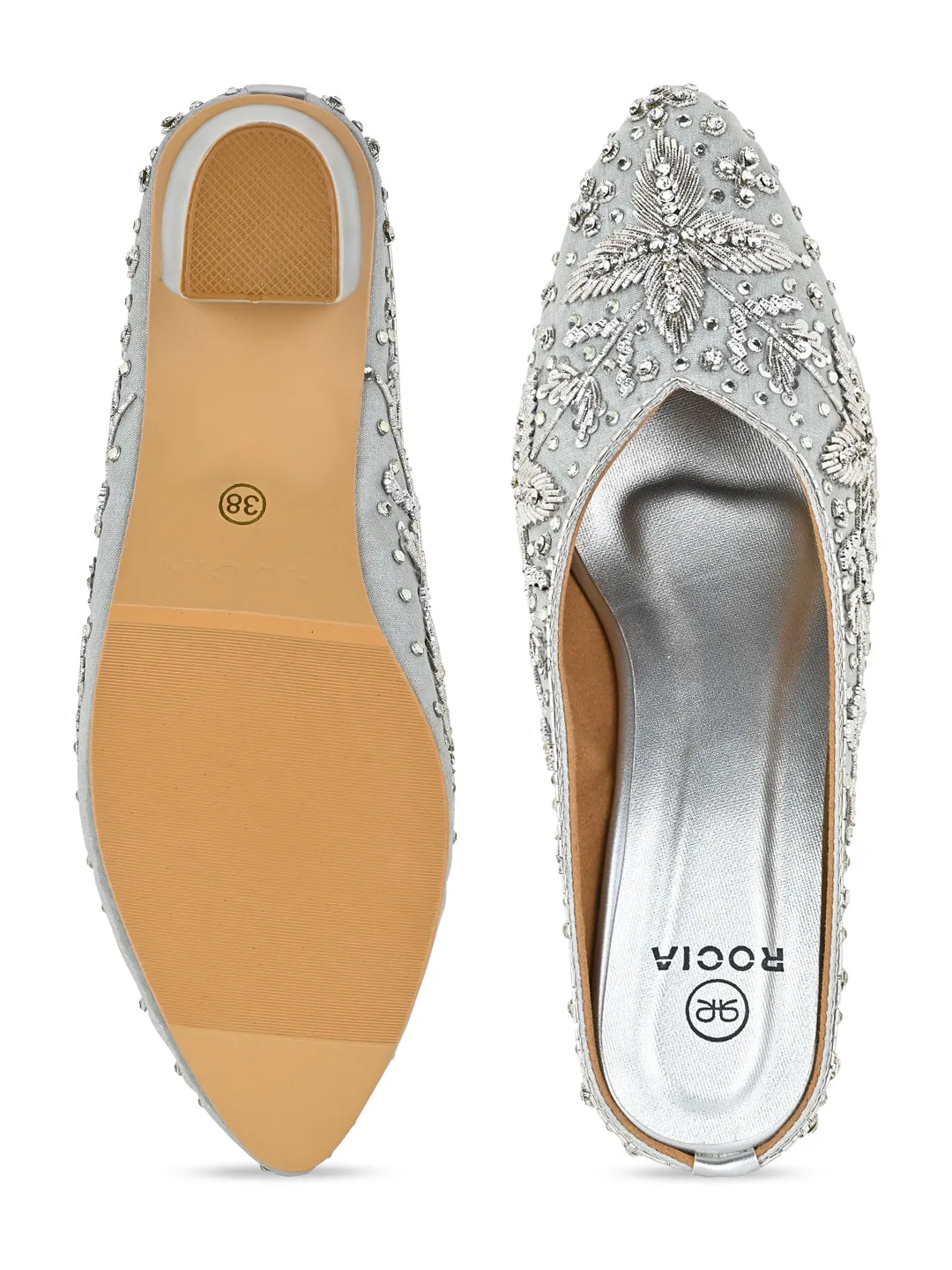 Rocia By Regal Silver Women Embroidered Mojaris With Heels