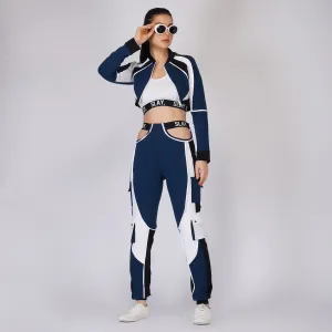 SLAY. Women's Activewear Tracksuit Blue Colorblock Crop Jacket &  High Waist Cargo Pants Co-ord Set(3 piece)