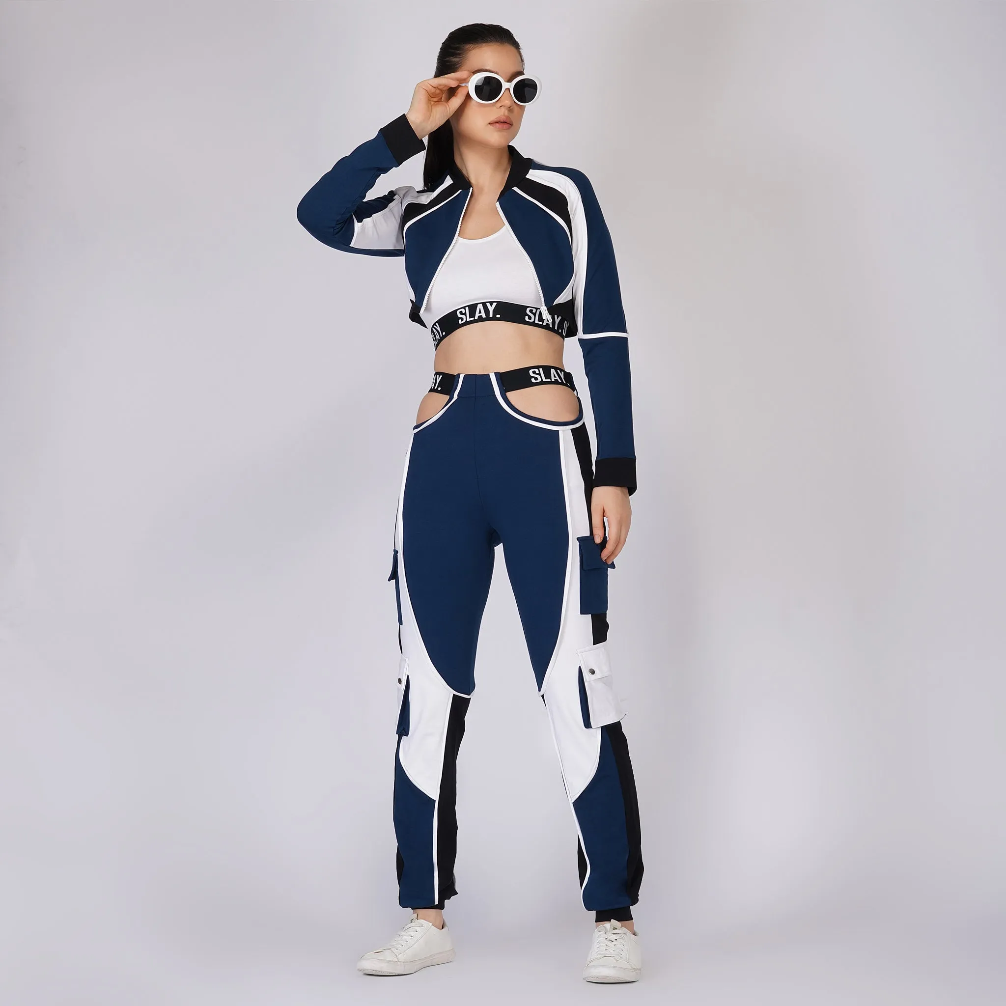 SLAY. Women's Activewear Tracksuit Blue Colorblock Crop Jacket &  High Waist Cargo Pants Co-ord Set(3 piece)