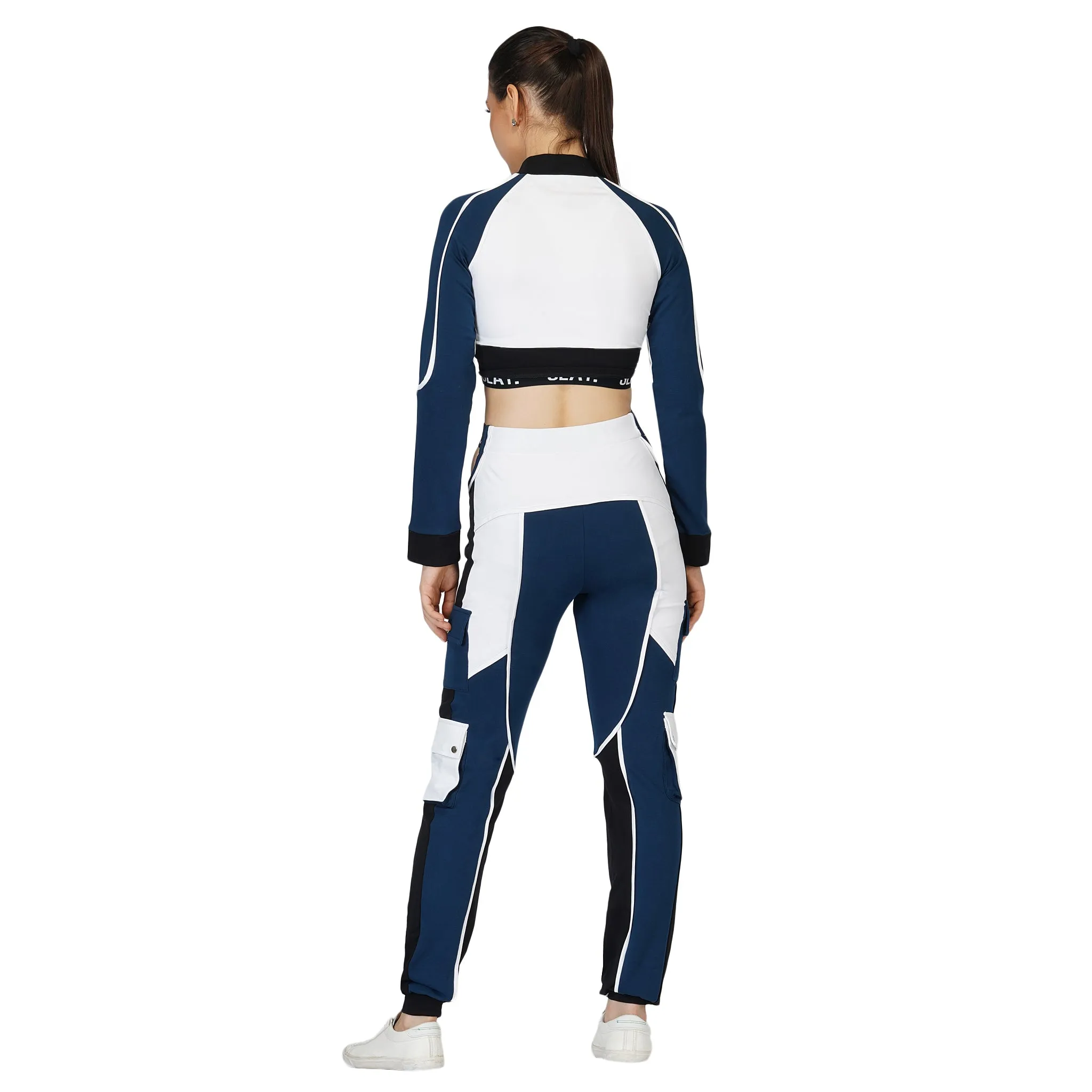 SLAY. Women's Activewear Tracksuit Blue Colorblock Crop Jacket &  High Waist Cargo Pants Co-ord Set(3 piece)