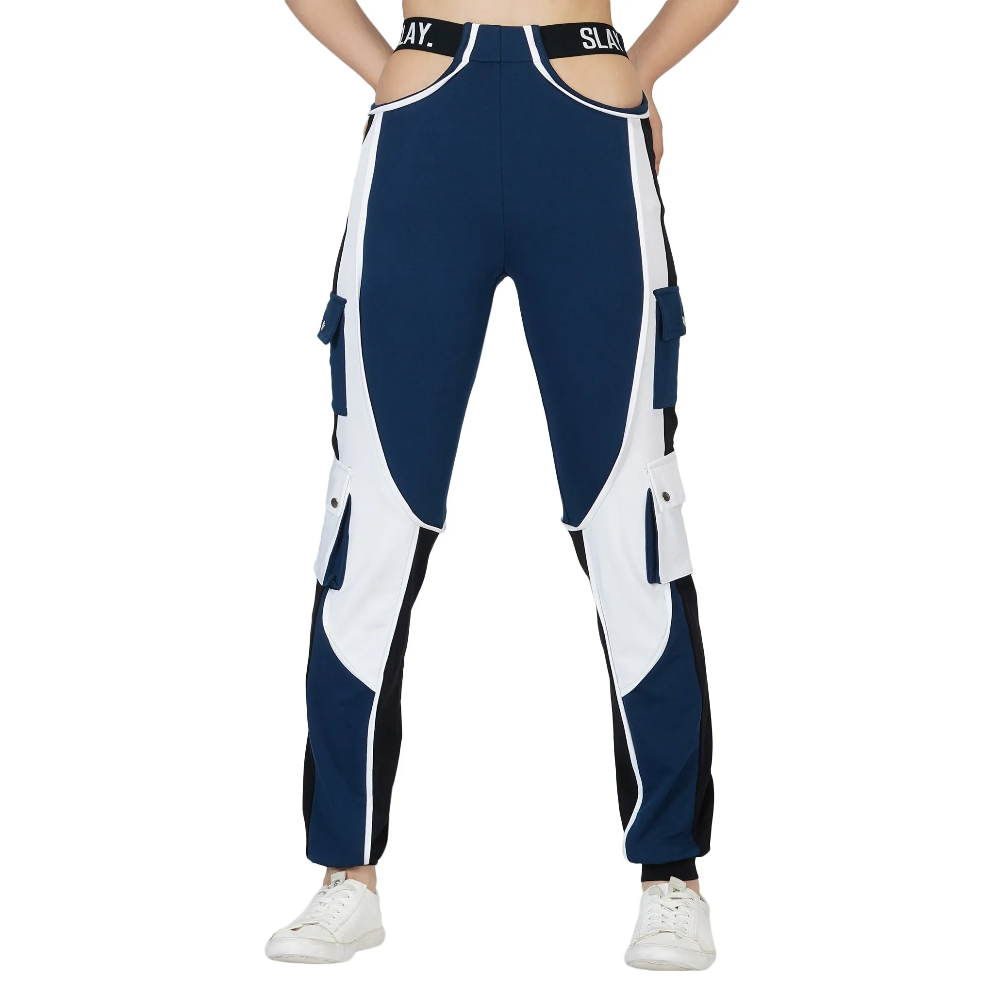 SLAY. Women's Activewear Tracksuit Blue Colorblock Crop Jacket &  High Waist Cargo Pants Co-ord Set(3 piece)
