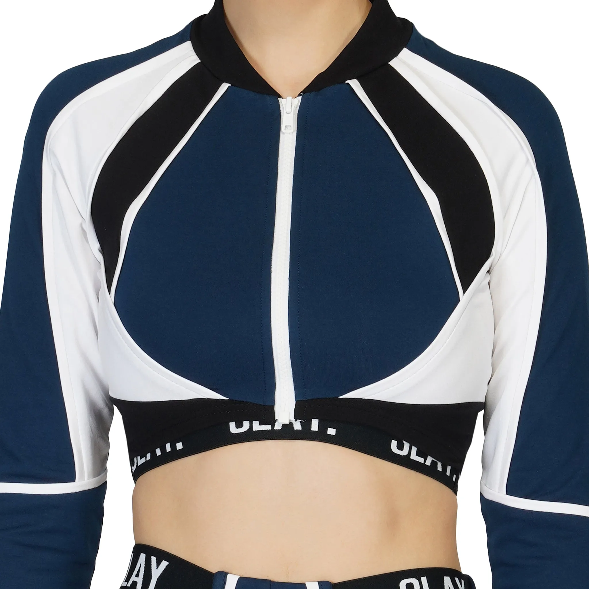 SLAY. Women's Activewear Tracksuit Blue Colorblock Crop Jacket &  High Waist Cargo Pants Co-ord Set(3 piece)