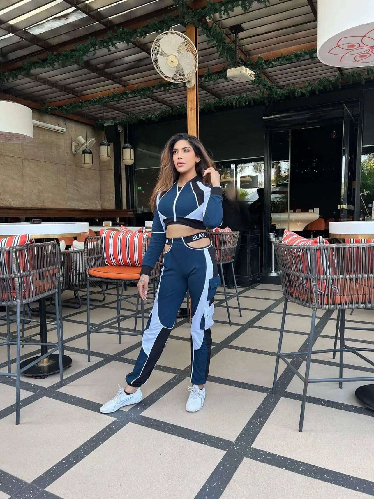 SLAY. Women's Activewear Tracksuit Blue Colorblock Crop Jacket &  High Waist Cargo Pants Co-ord Set(3 piece)