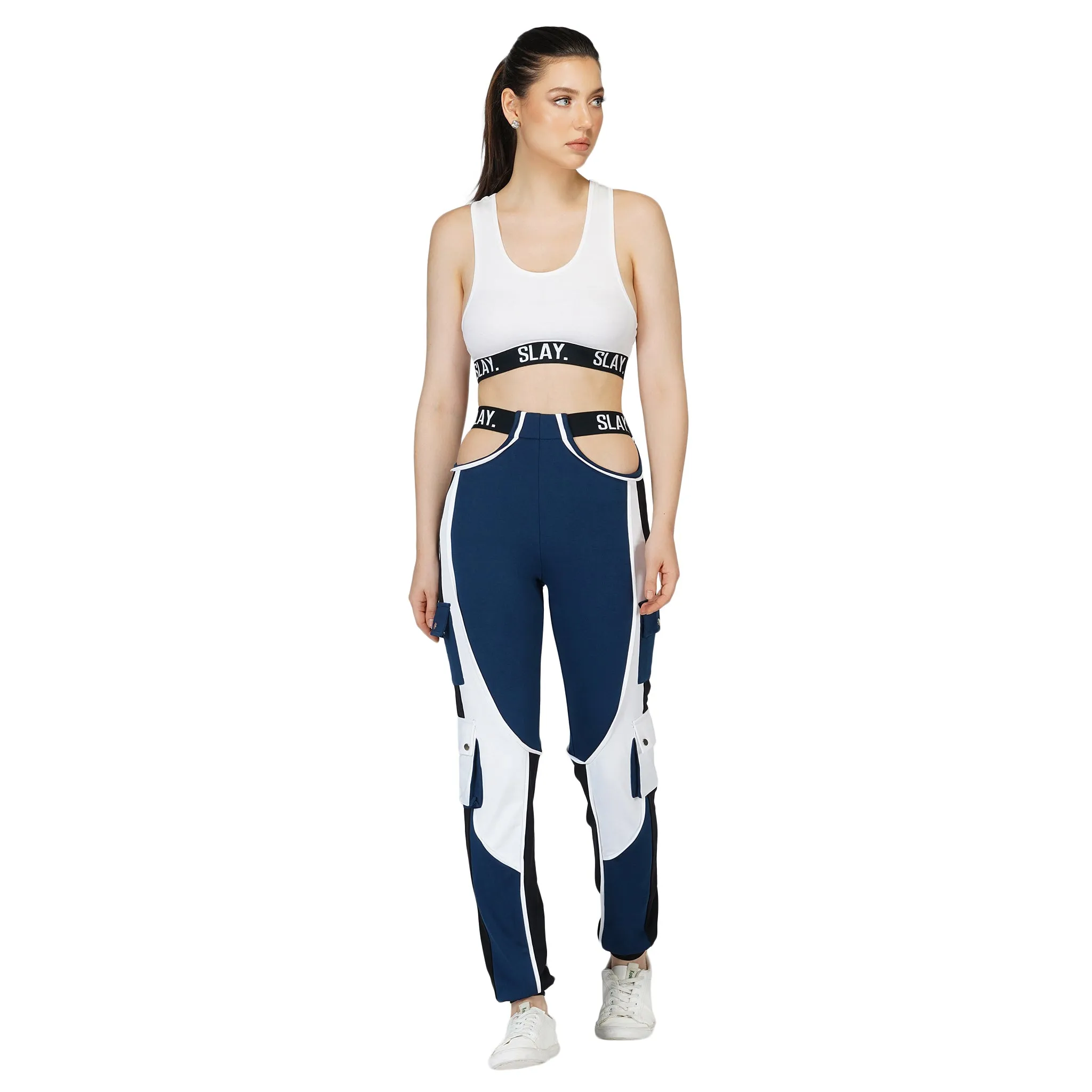 SLAY. Women's Activewear Tracksuit Blue Colorblock Crop Jacket &  High Waist Cargo Pants Co-ord Set(3 piece)