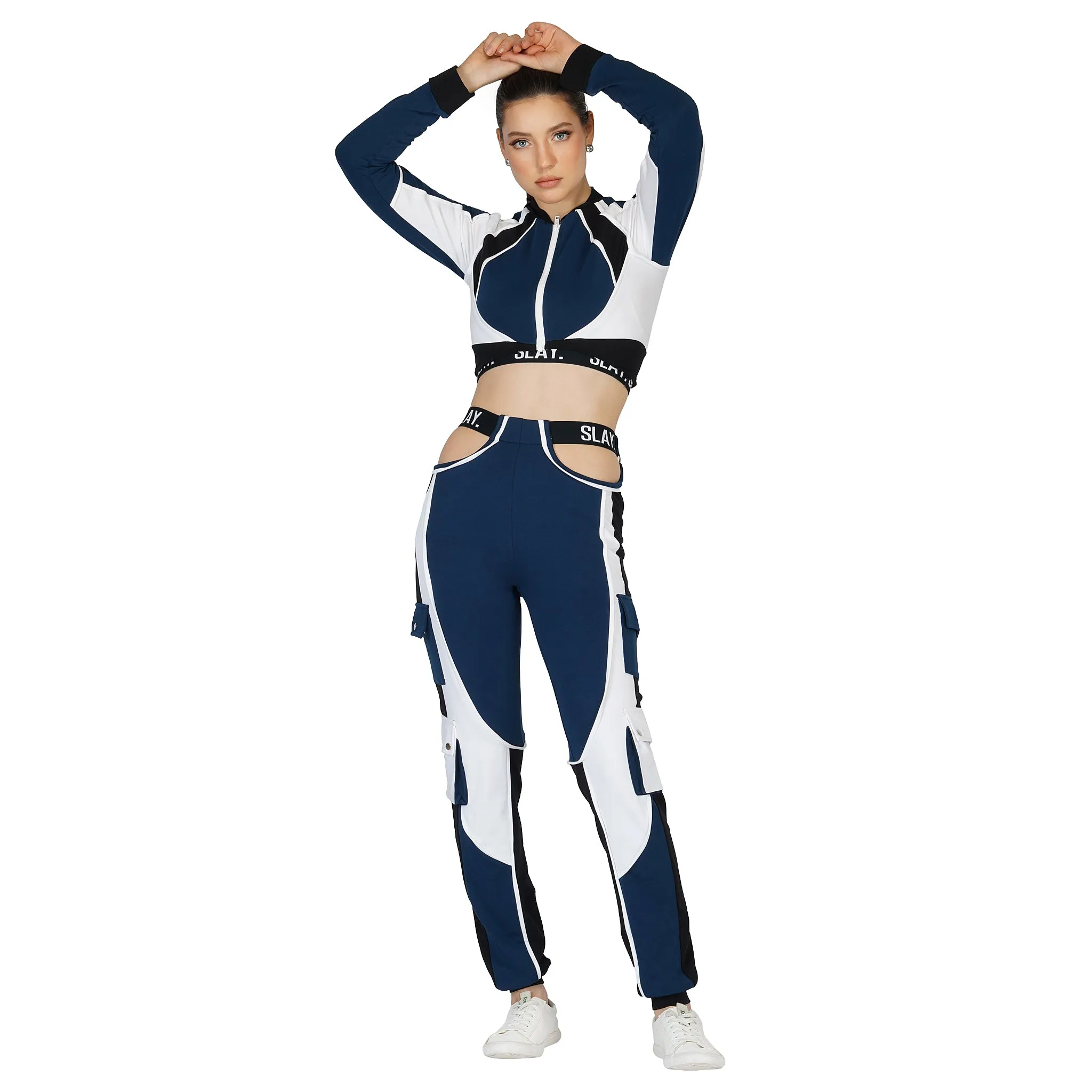 SLAY. Women's Activewear Tracksuit Blue Colorblock Crop Jacket &  High Waist Cargo Pants Co-ord Set(3 piece)
