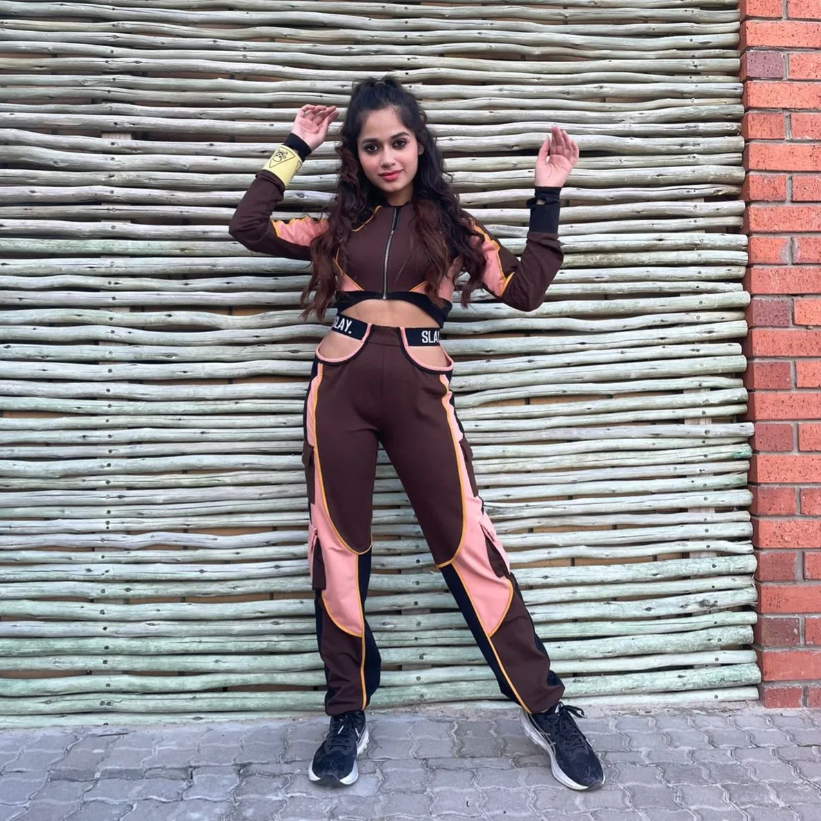 SLAY. Women's Activewear Tracksuit Brown Colorblock Crop Jacket & High Waist Cargo Pants Co-ord Set(3 piece)