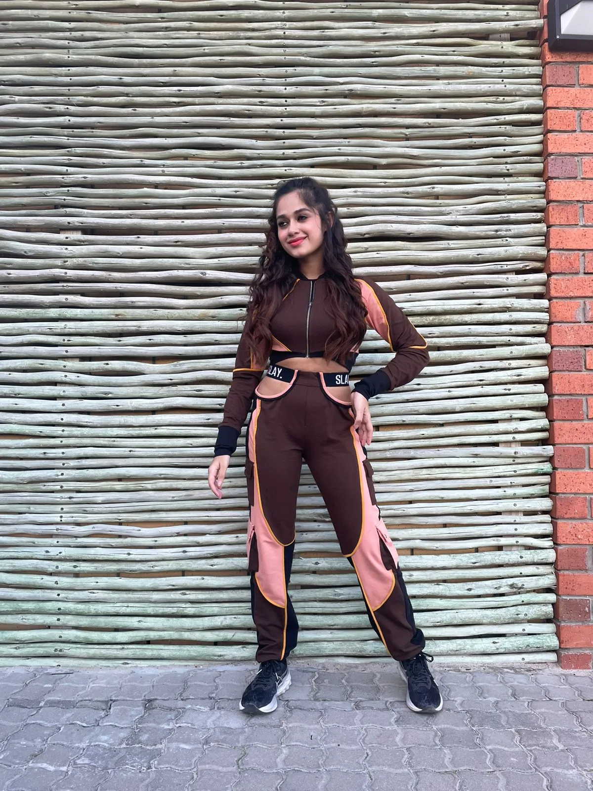 SLAY. Women's Activewear Tracksuit Brown Colorblock Crop Jacket & High Waist Cargo Pants Co-ord Set(3 piece)