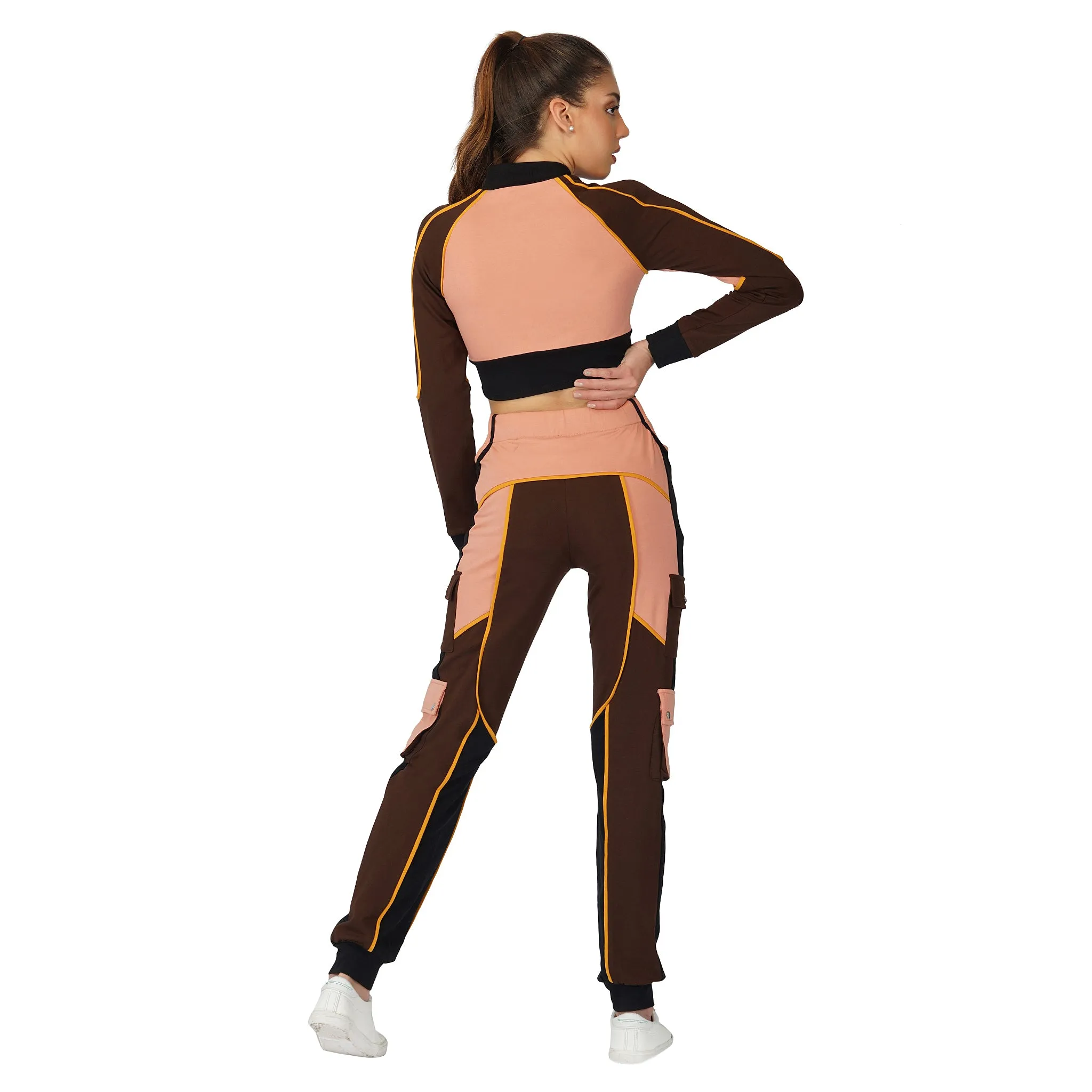 SLAY. Women's Activewear Tracksuit Brown Colorblock Crop Jacket & High Waist Cargo Pants Co-ord Set(3 piece)