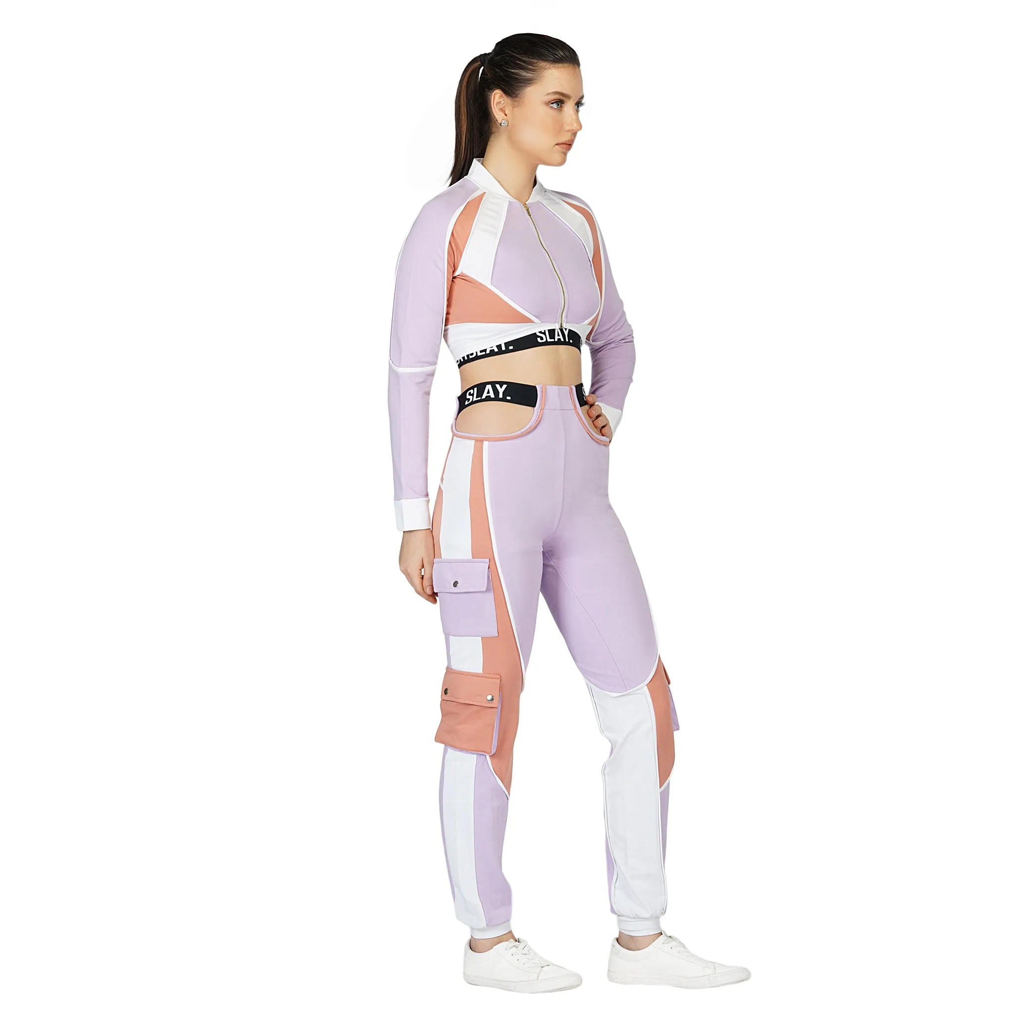 SLAY. Women's Activewear Tracksuit Lilac/Lavender Colorblock Crop Jacket & High Waist Cargo Pants Co-ord Set(3 piece)