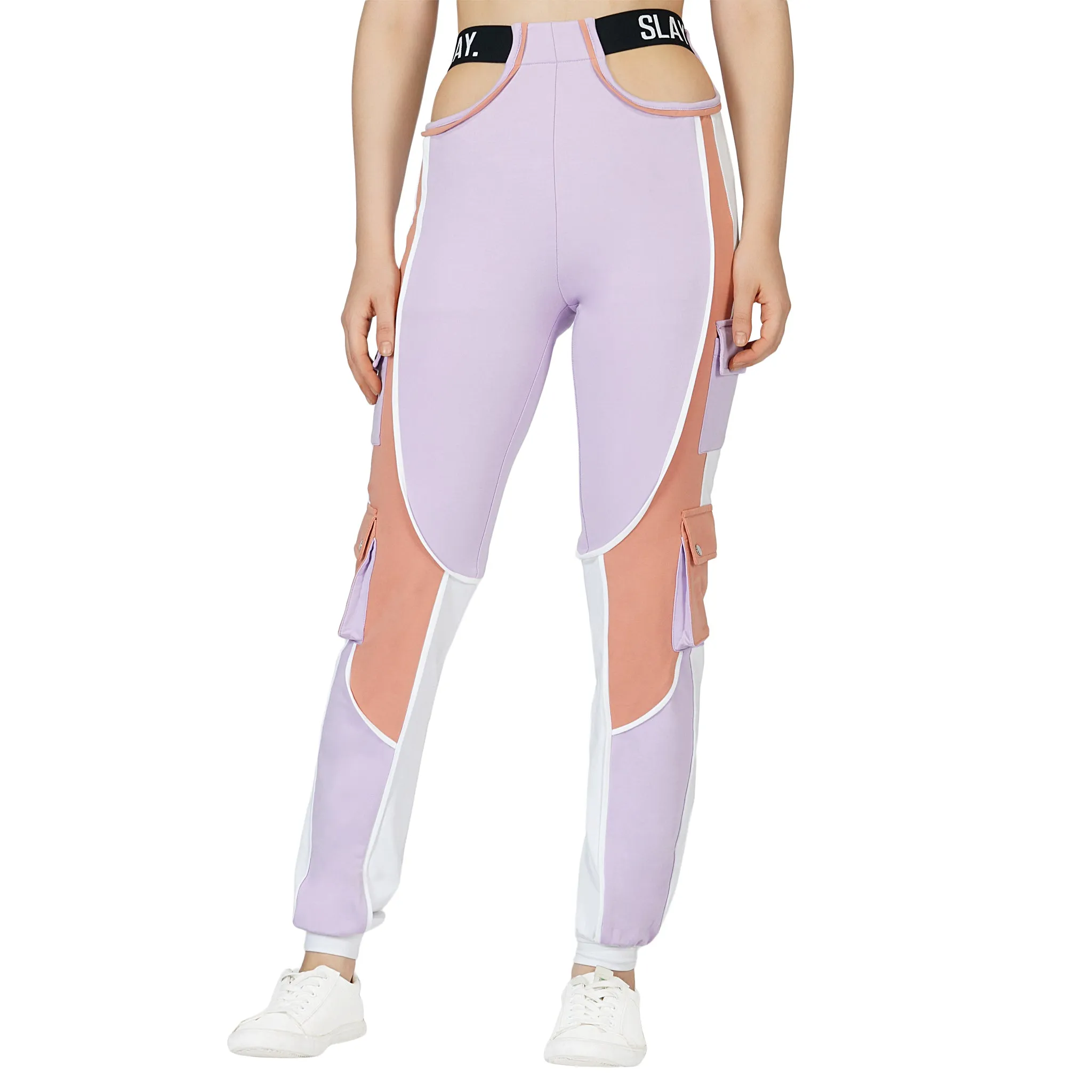 SLAY. Women's Activewear Tracksuit Lilac/Lavender Colorblock Crop Jacket & High Waist Cargo Pants Co-ord Set(3 piece)