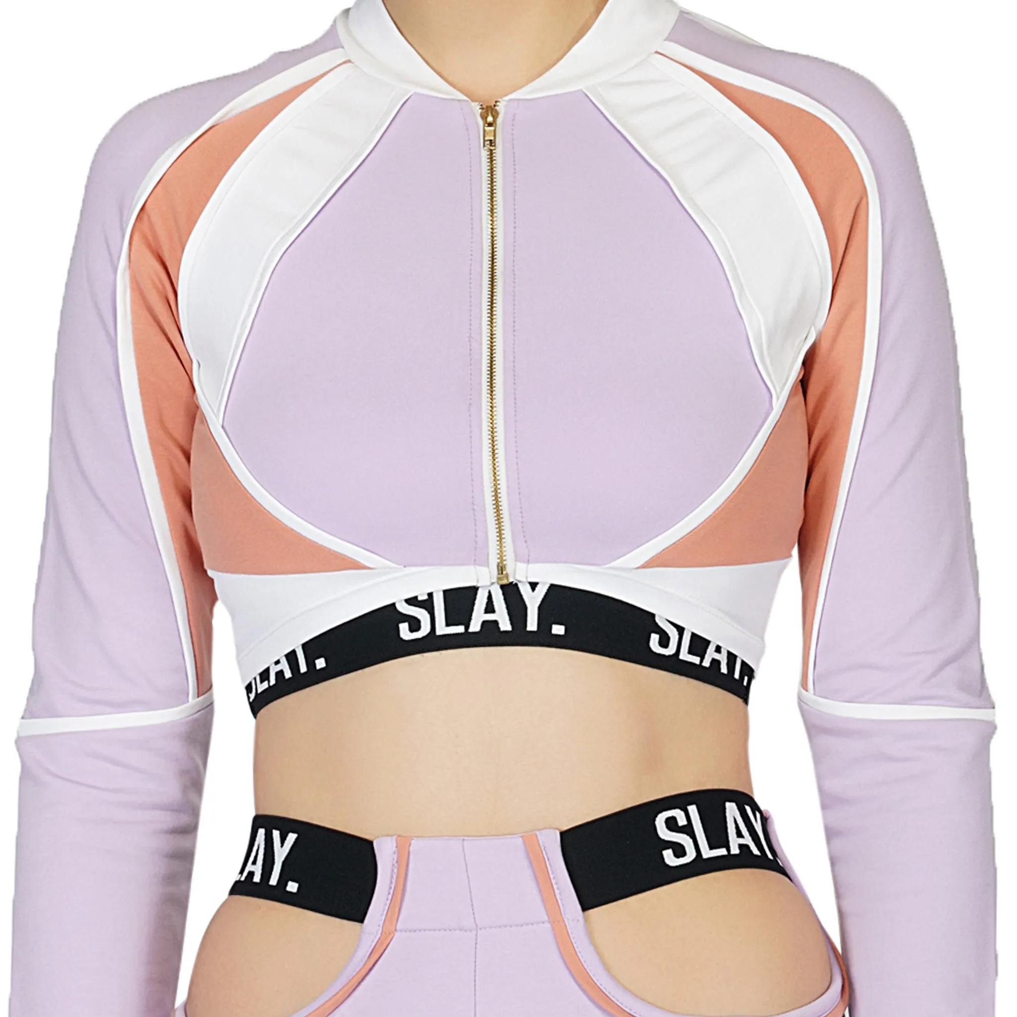 SLAY. Women's Activewear Tracksuit Lilac/Lavender Colorblock Crop Jacket & High Waist Cargo Pants Co-ord Set(3 piece)