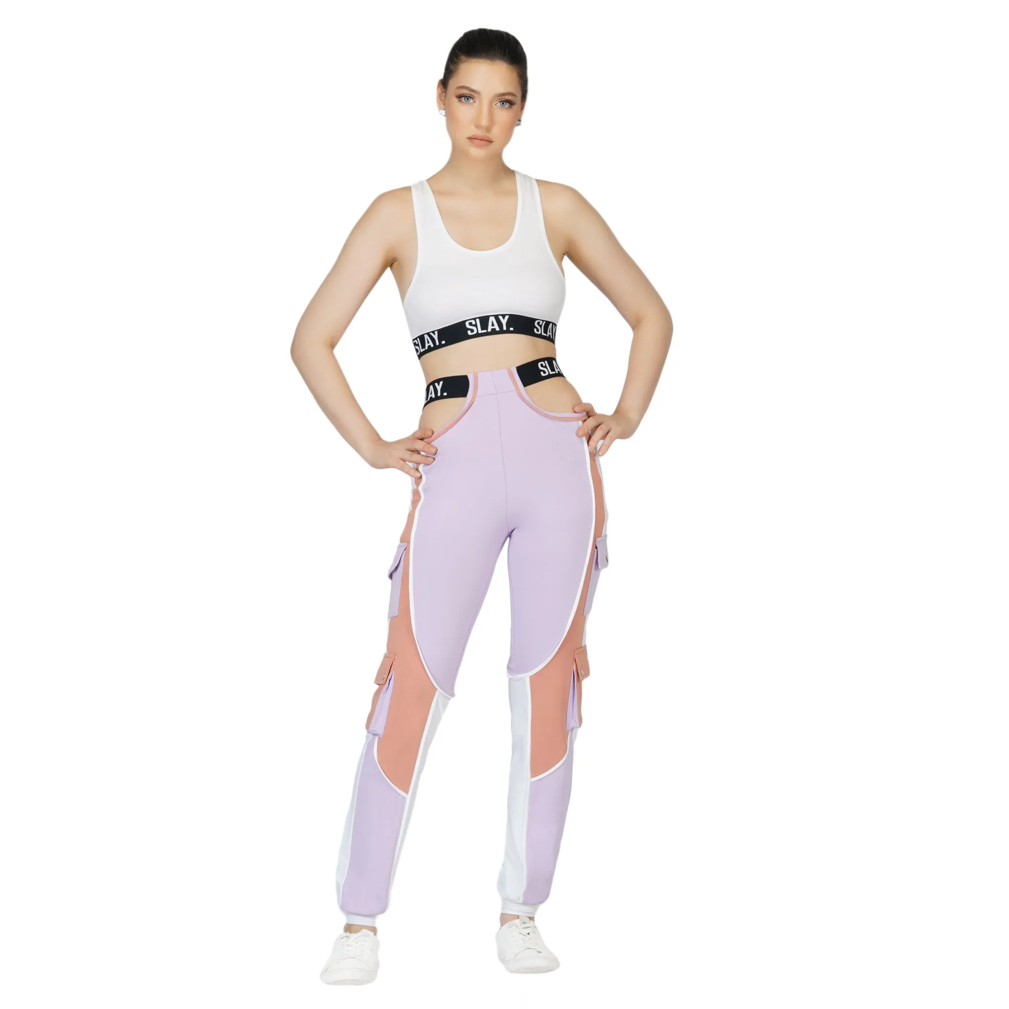 SLAY. Women's Activewear Tracksuit Lilac/Lavender Colorblock Crop Jacket & High Waist Cargo Pants Co-ord Set(3 piece)