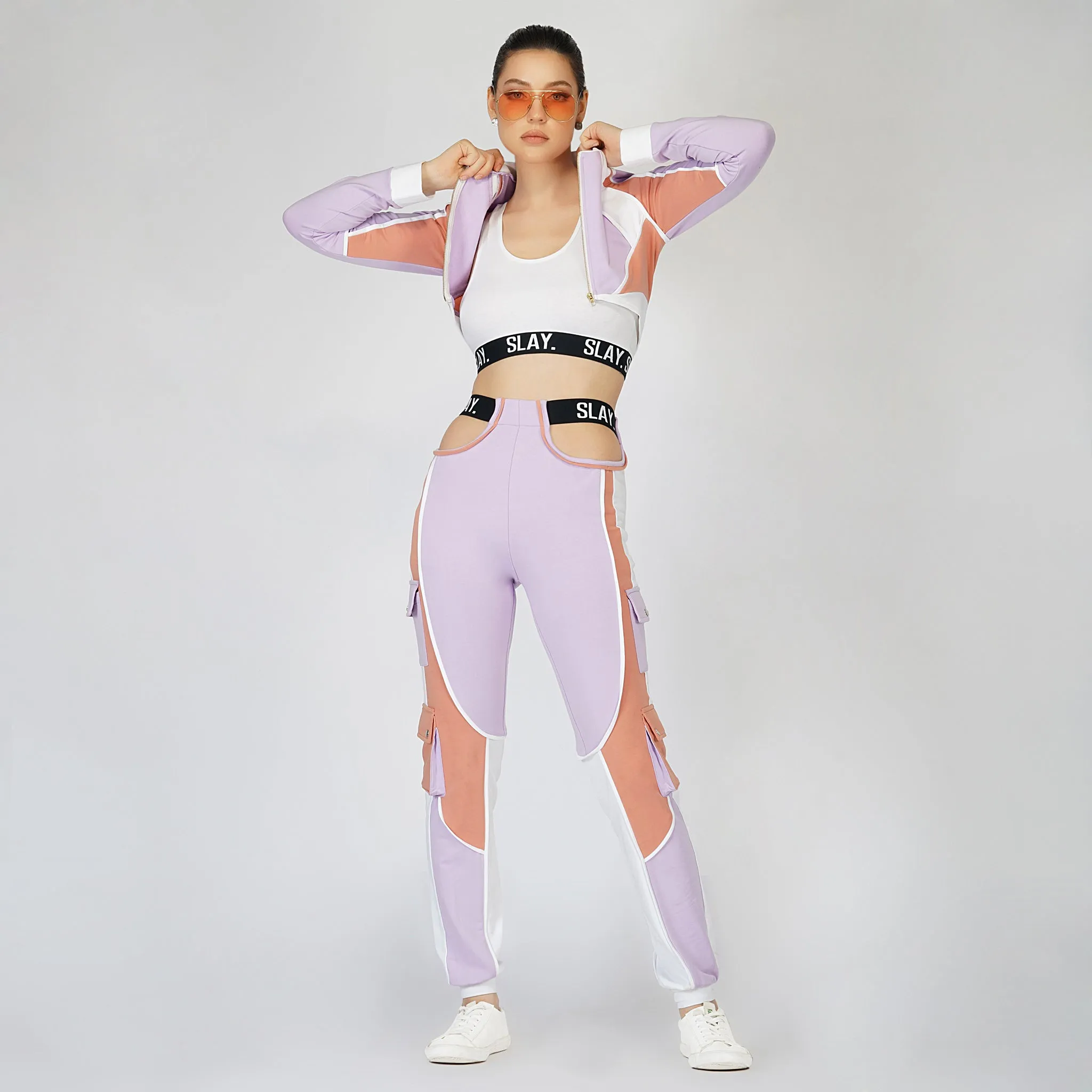 SLAY. Women's Activewear Tracksuit Lilac/Lavender Colorblock Crop Jacket & High Waist Cargo Pants Co-ord Set(3 piece)