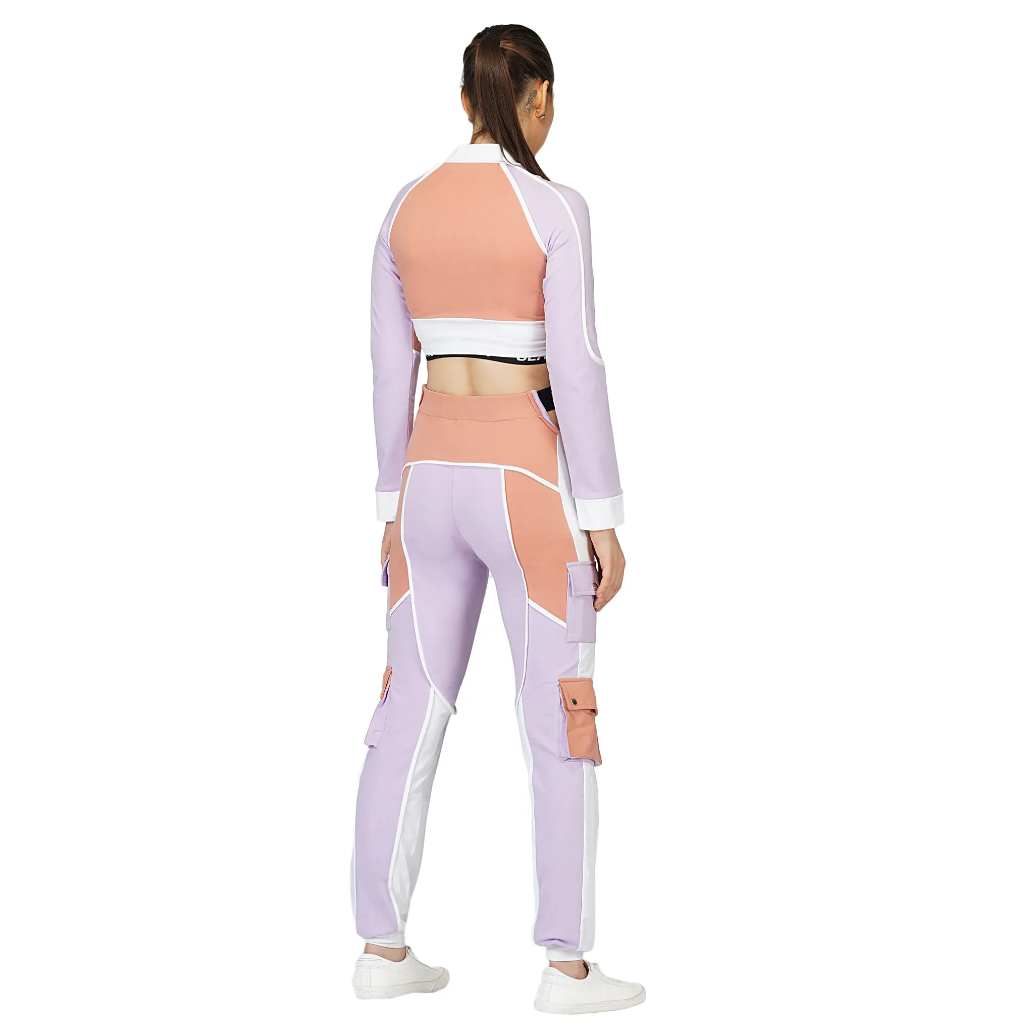 SLAY. Women's Activewear Tracksuit Lilac/Lavender Colorblock Crop Jacket & High Waist Cargo Pants Co-ord Set(3 piece)