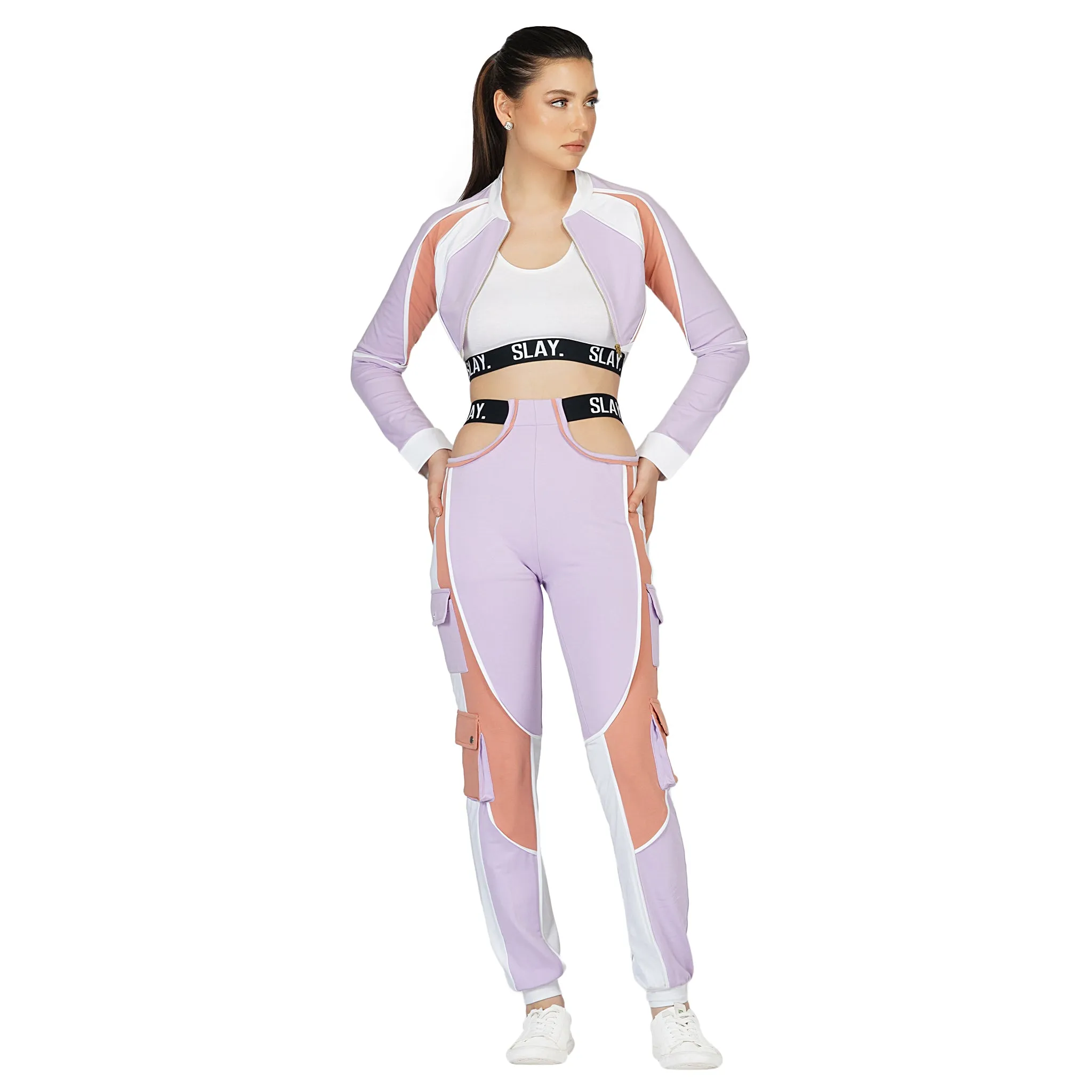 SLAY. Women's Activewear Tracksuit Lilac/Lavender Colorblock Crop Jacket & High Waist Cargo Pants Co-ord Set(3 piece)