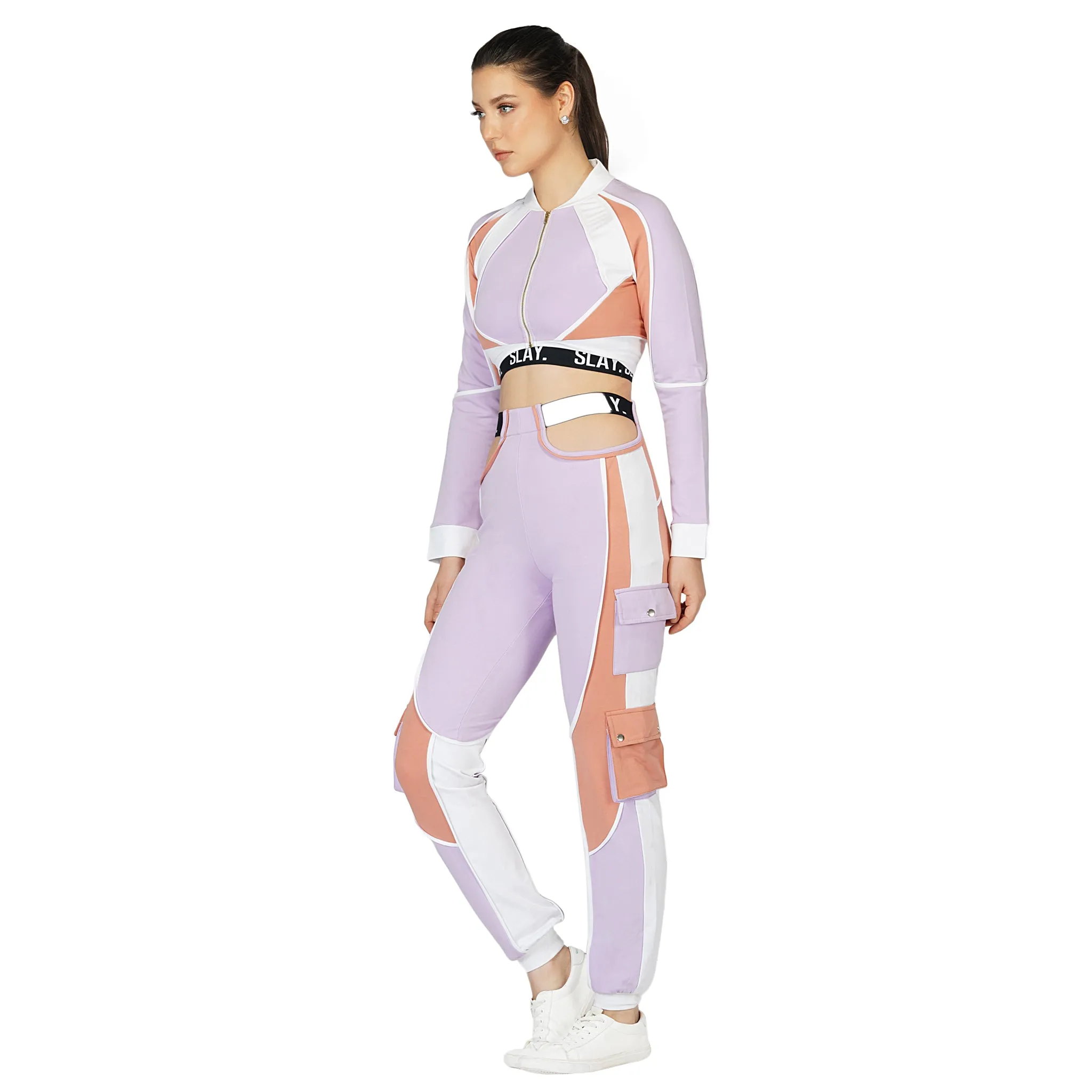 SLAY. Women's Activewear Tracksuit Lilac/Lavender Colorblock Crop Jacket & High Waist Cargo Pants Co-ord Set(3 piece)