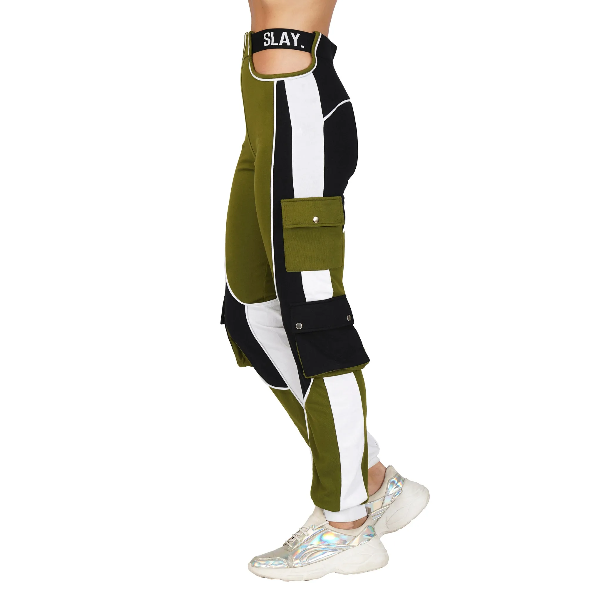 SLAY. Women's Activewear Tracksuit Olive Colorblock Crop Jacket & High Waist Cargo Pants Co-ord Set(3 piece)