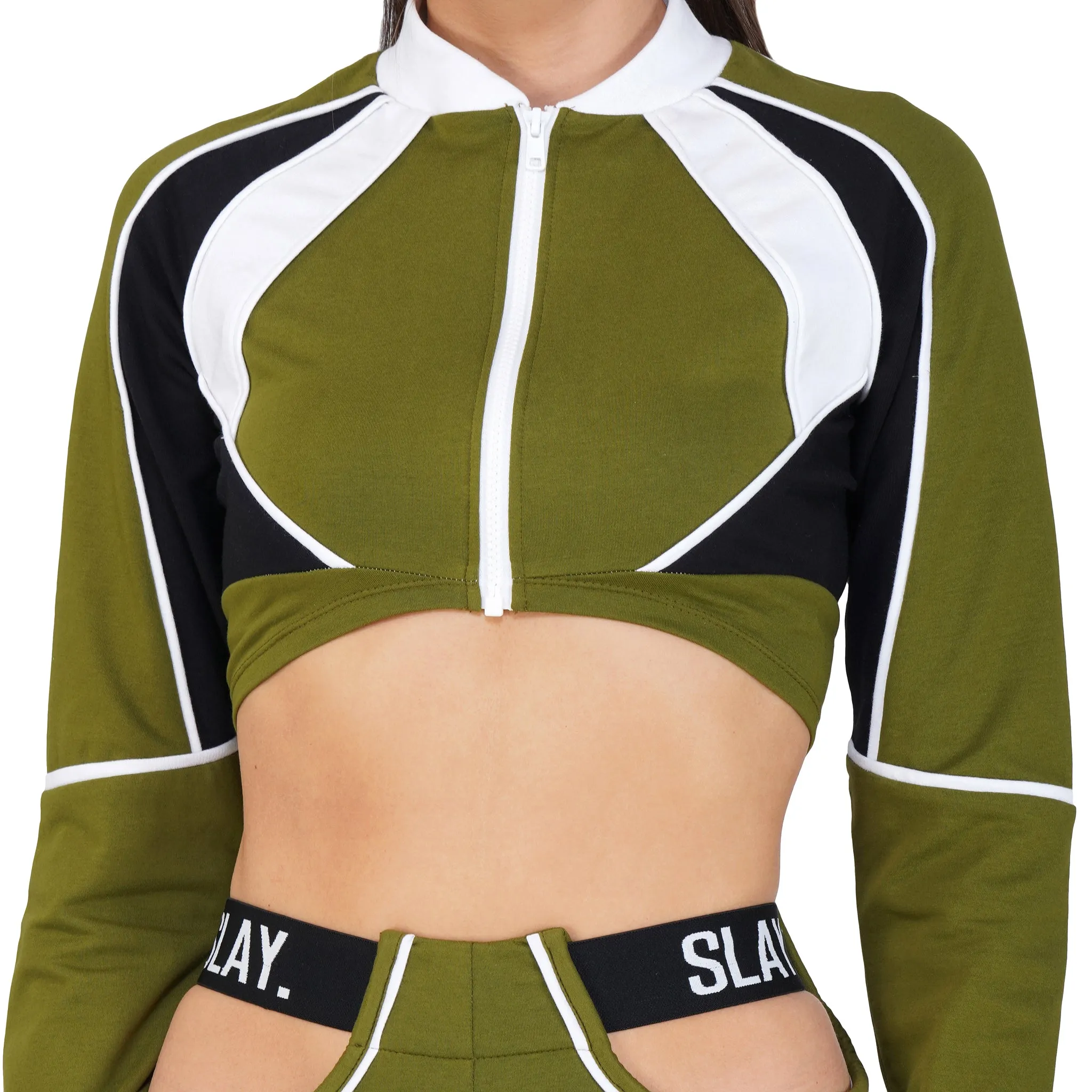 SLAY. Women's Activewear Tracksuit Olive Colorblock Crop Jacket & High Waist Cargo Pants Co-ord Set(3 piece)