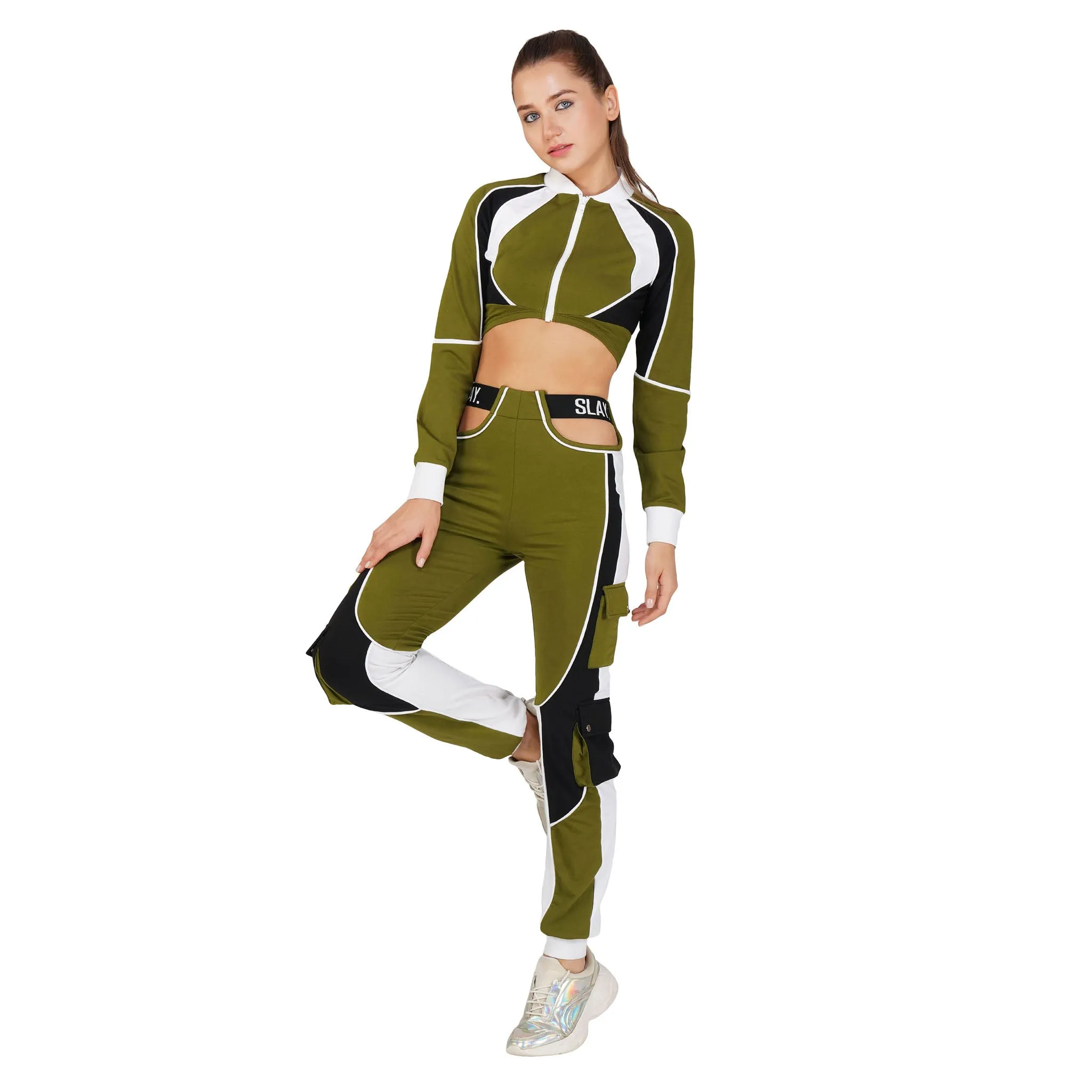 SLAY. Women's Activewear Tracksuit Olive Colorblock Crop Jacket & High Waist Cargo Pants Co-ord Set(3 piece)