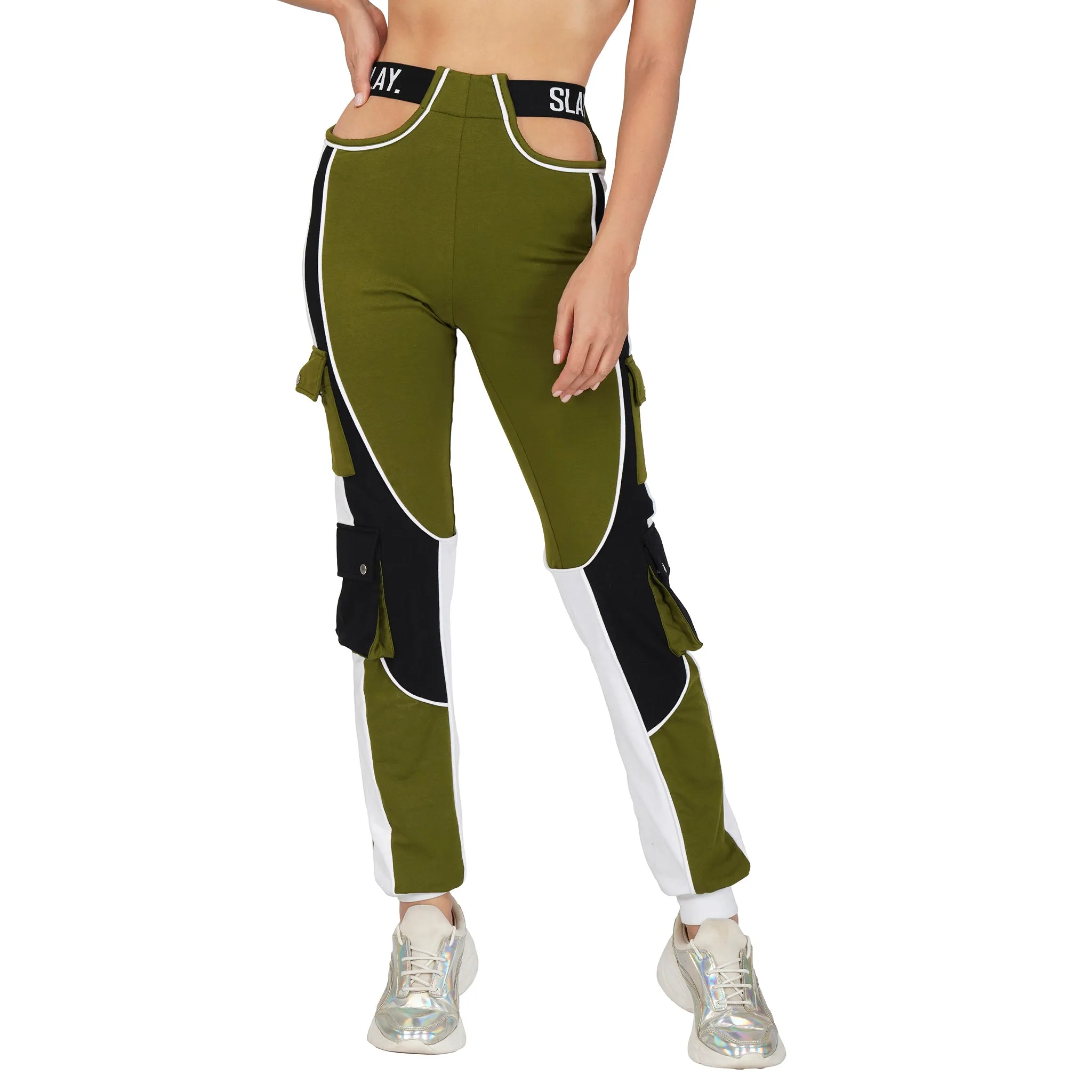 SLAY. Women's Activewear Tracksuit Olive Colorblock Crop Jacket & High Waist Cargo Pants Co-ord Set(3 piece)