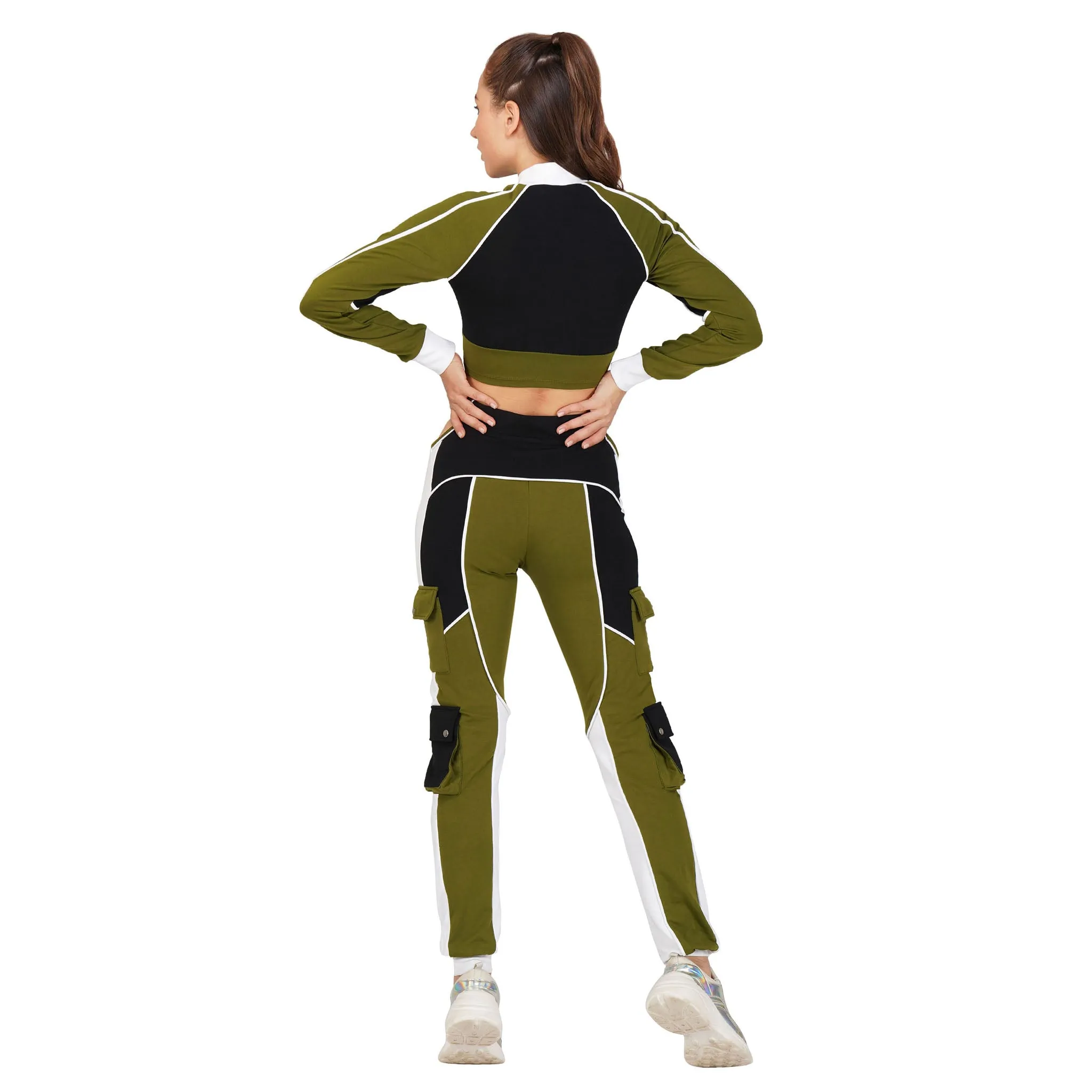 SLAY. Women's Activewear Tracksuit Olive Colorblock Crop Jacket & High Waist Cargo Pants Co-ord Set(3 piece)