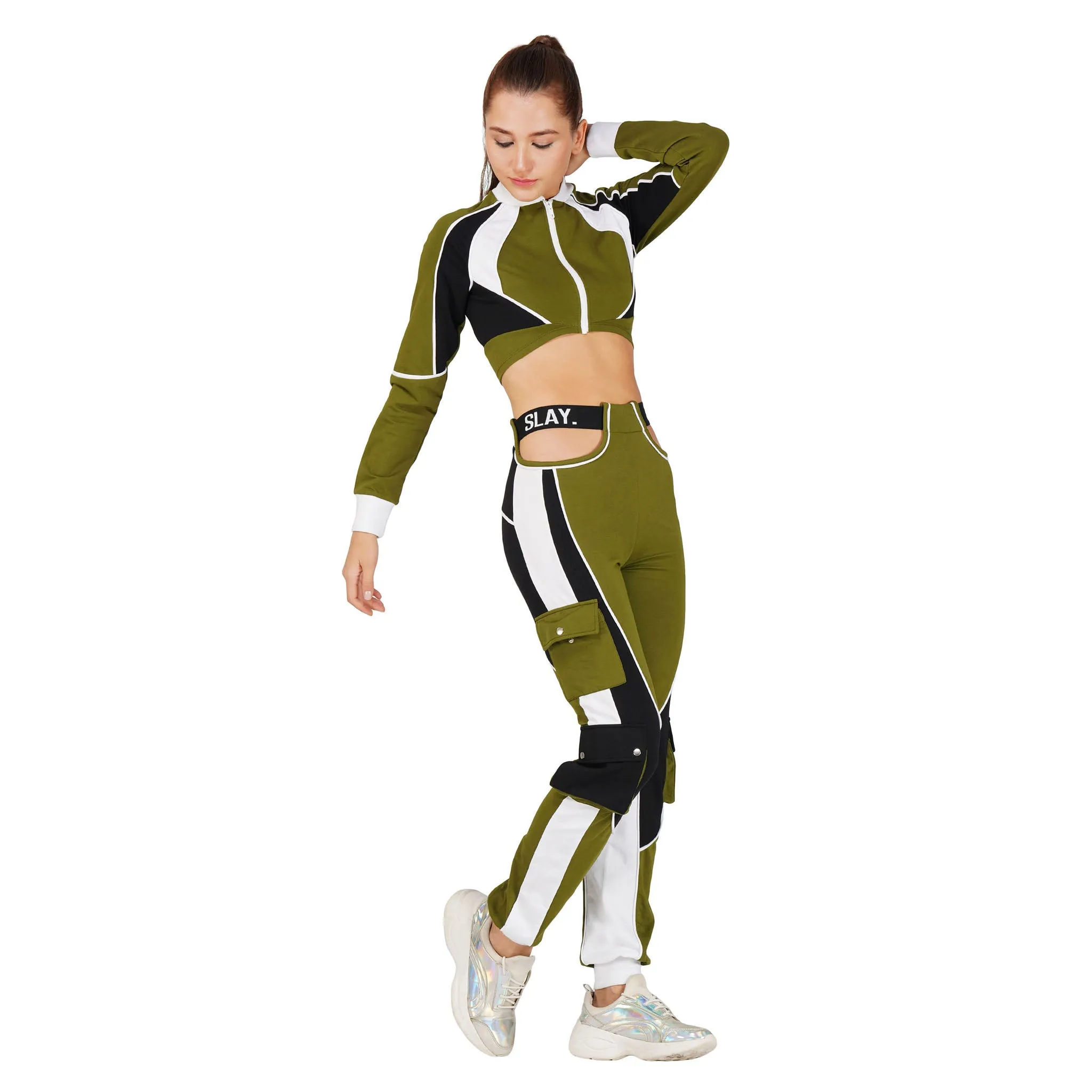 SLAY. Women's Activewear Tracksuit Olive Colorblock Crop Jacket & High Waist Cargo Pants Co-ord Set(3 piece)
