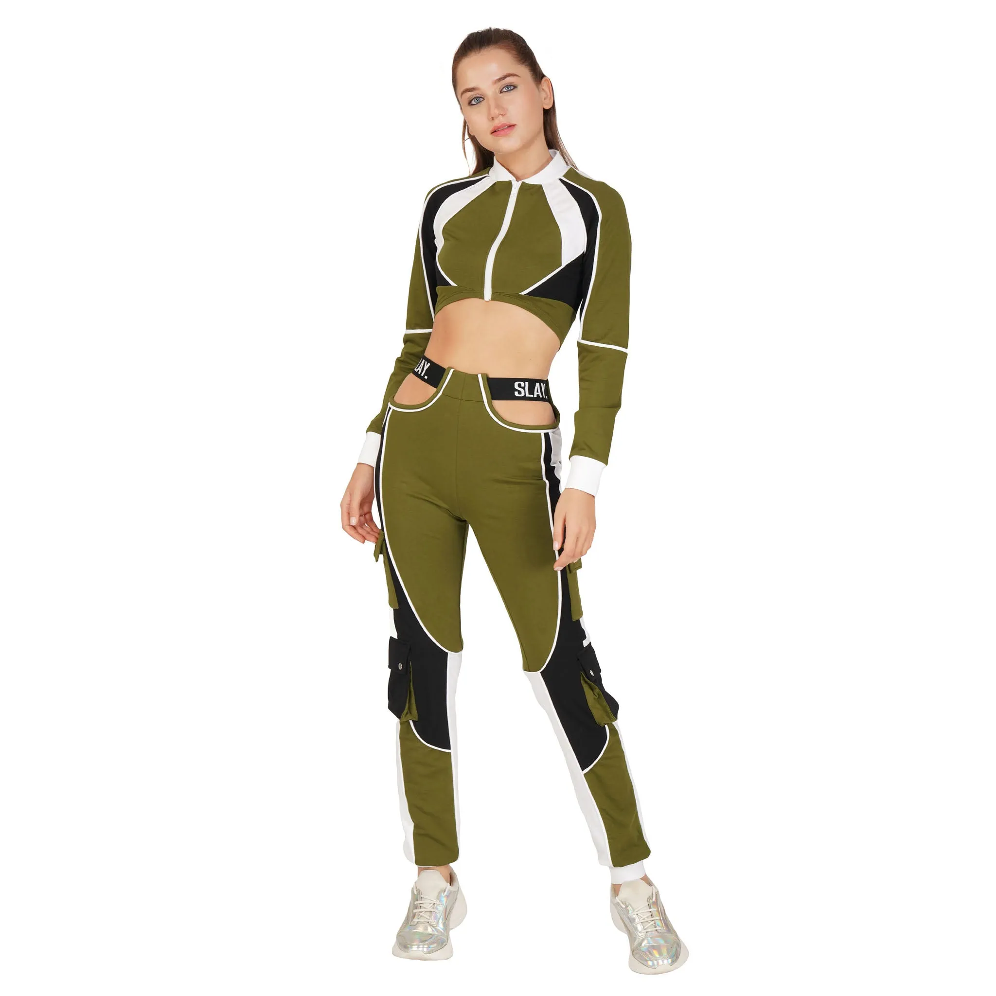 SLAY. Women's Activewear Tracksuit Olive Colorblock Crop Jacket & High Waist Cargo Pants Co-ord Set(3 piece)