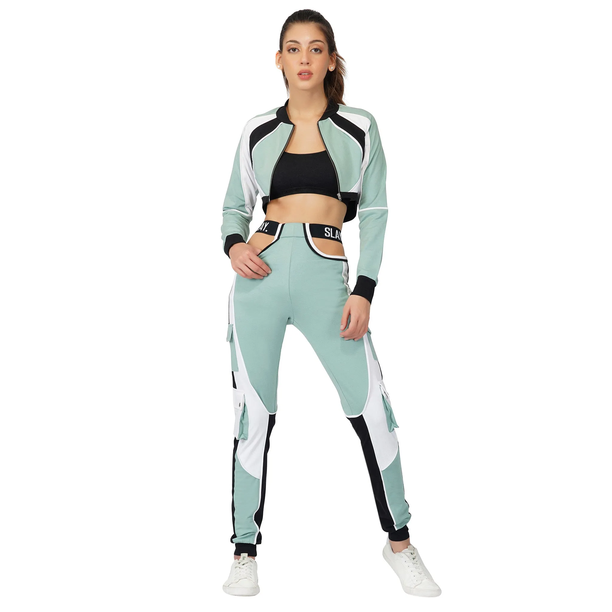 SLAY. Women's Activewear Tracksuit Turquoise Colorblock Crop Jacket & Cargo Pants Co-ord Set(3 piece)