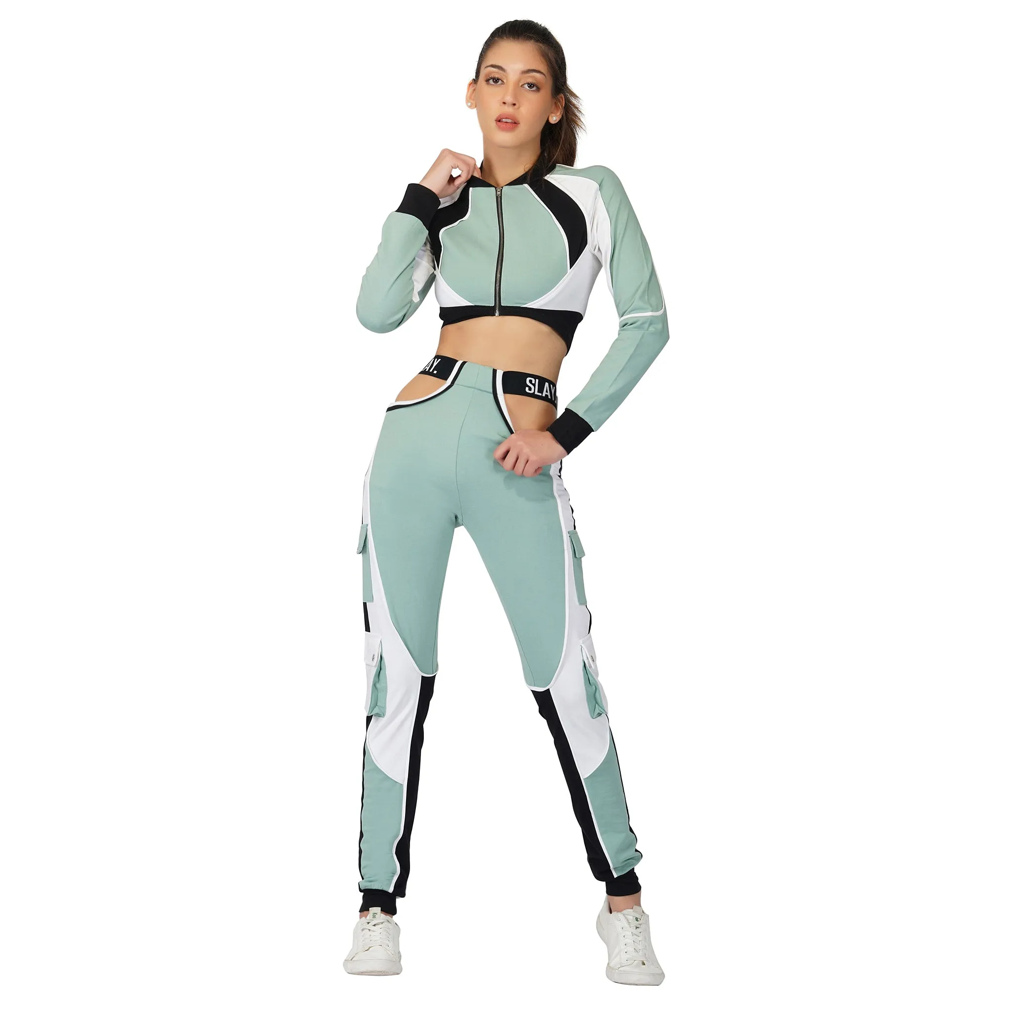 SLAY. Women's Activewear Tracksuit Turquoise Colorblock Crop Jacket & Cargo Pants Co-ord Set(3 piece)
