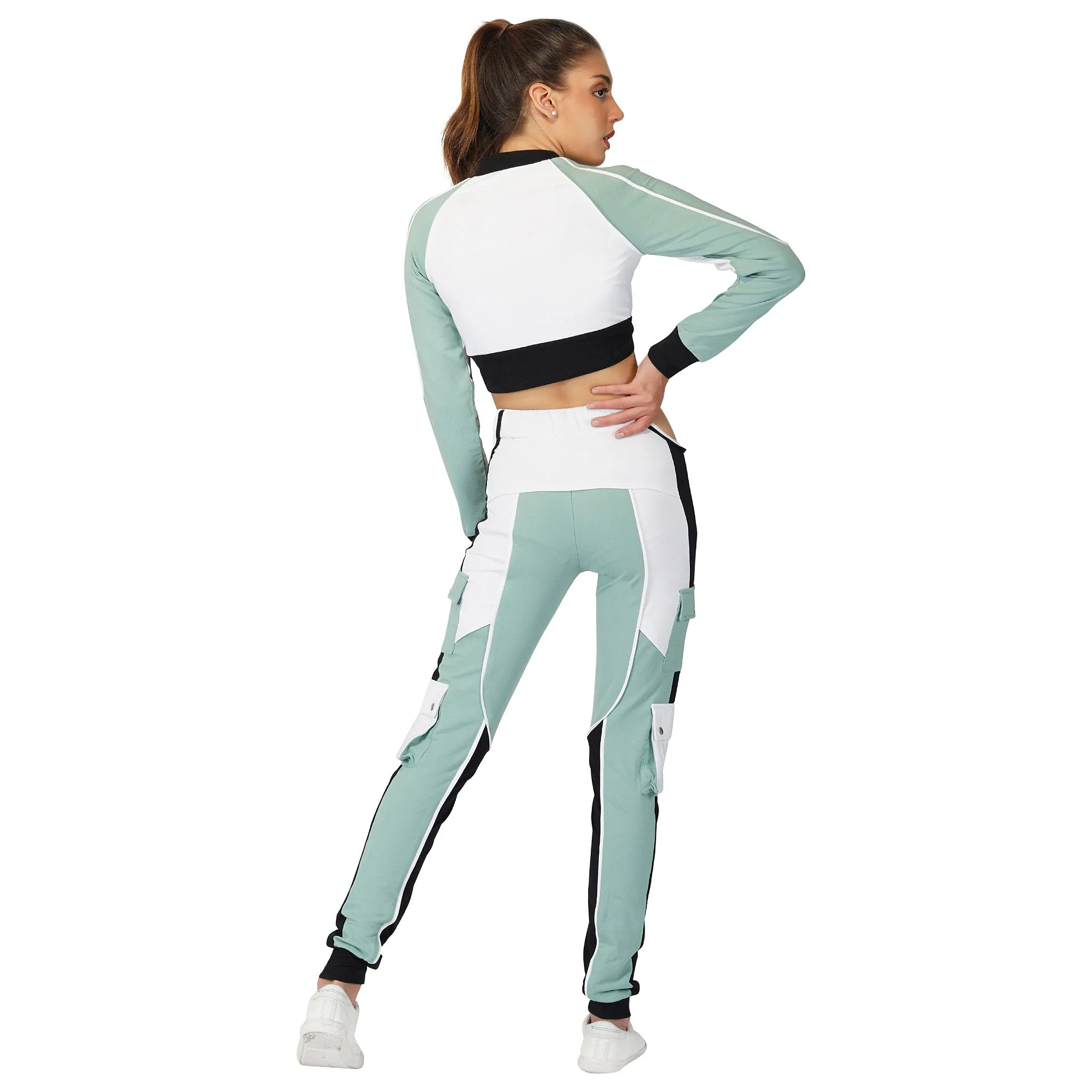 SLAY. Women's Activewear Tracksuit Turquoise Colorblock Crop Jacket & Cargo Pants Co-ord Set(3 piece)