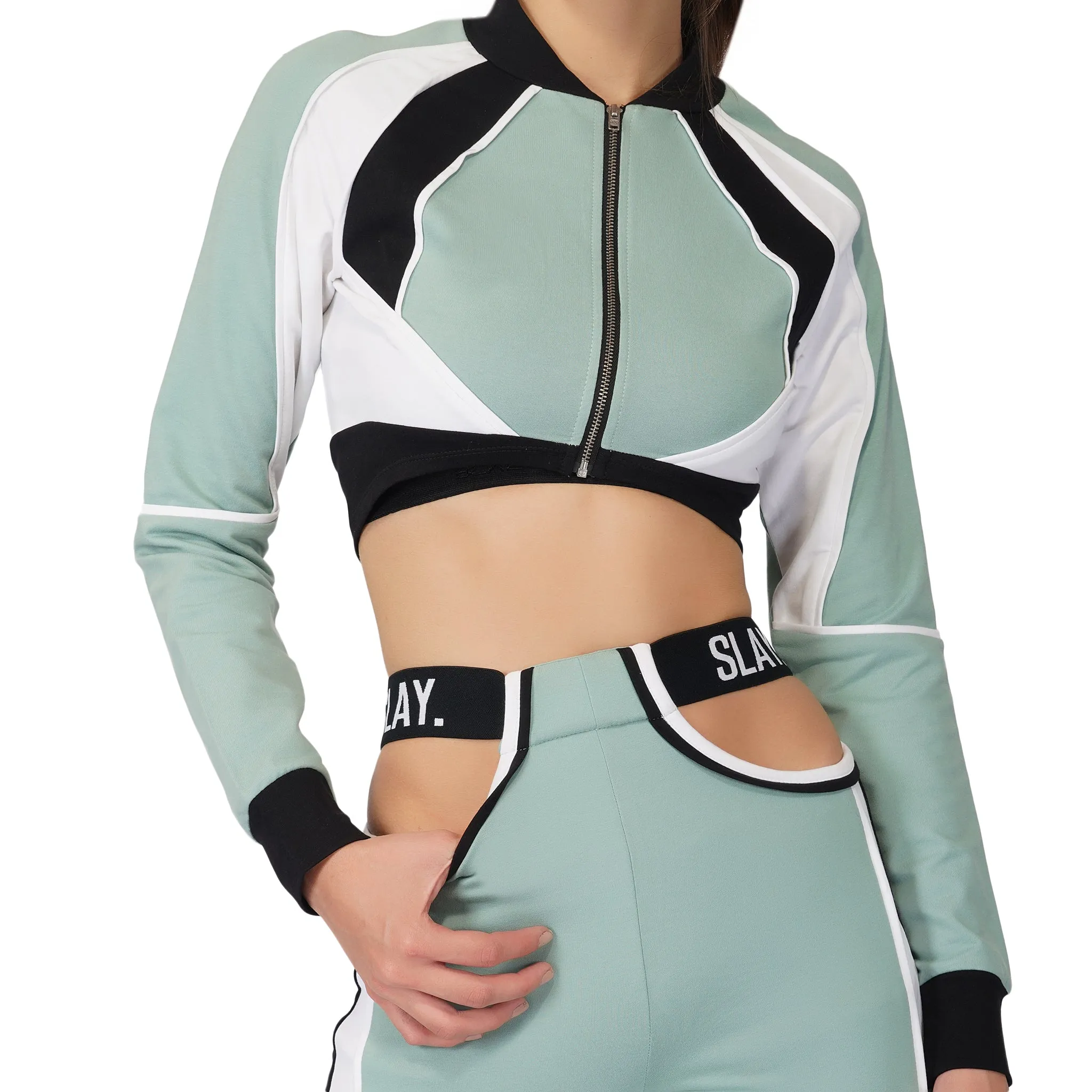 SLAY. Women's Activewear Tracksuit Turquoise Colorblock Crop Jacket & Cargo Pants Co-ord Set(3 piece)