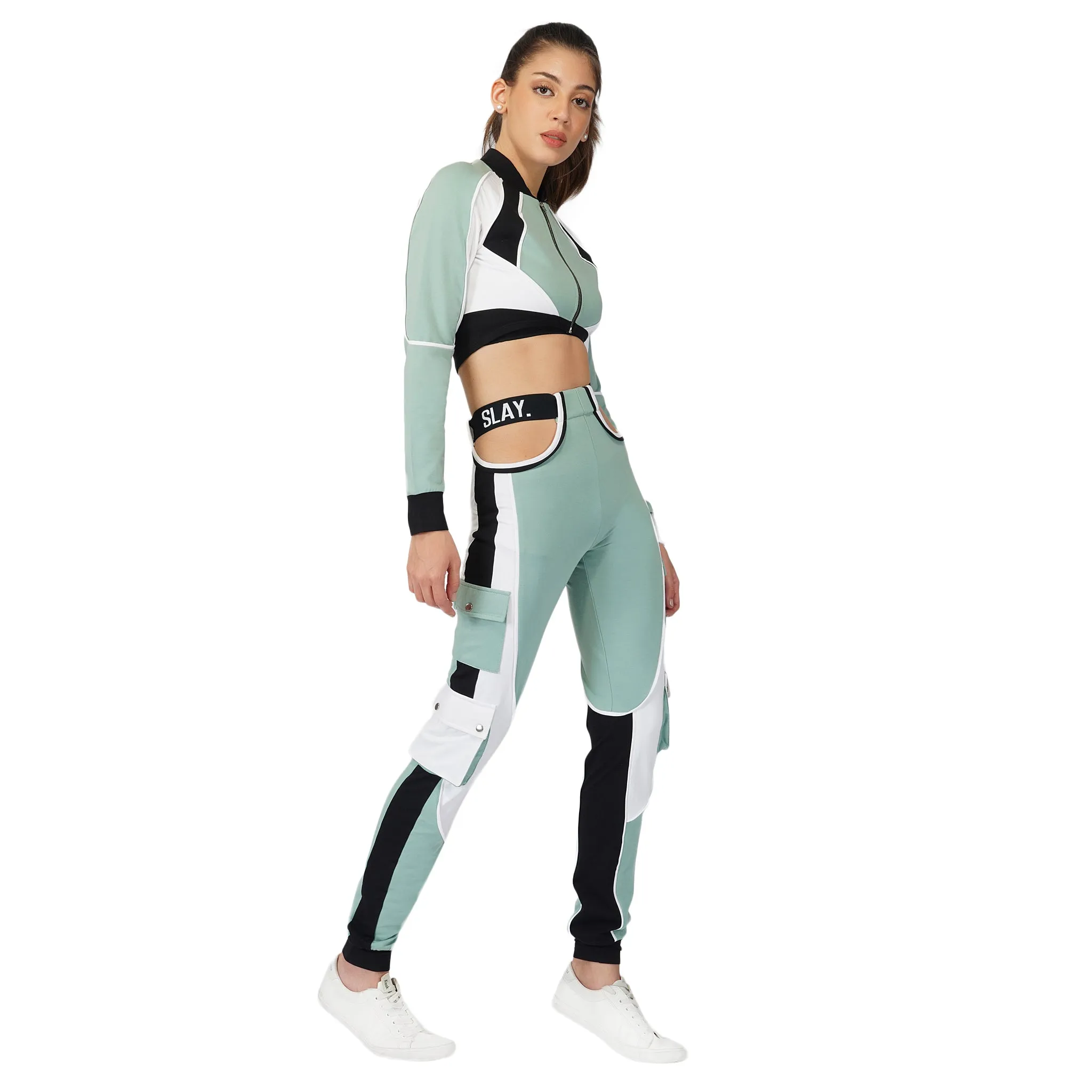 SLAY. Women's Activewear Tracksuit Turquoise Colorblock Crop Jacket & Cargo Pants Co-ord Set(3 piece)