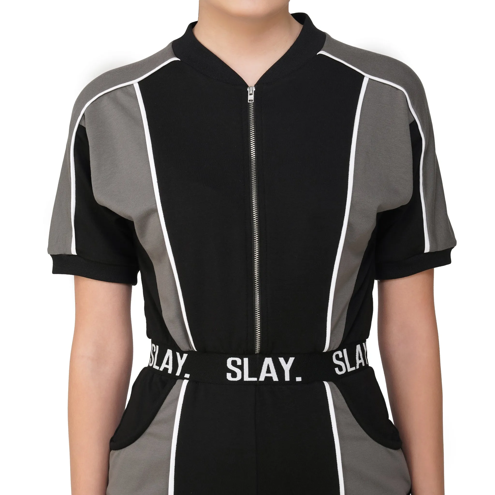 SLAY. Women's Colorblock Romper Grey Black