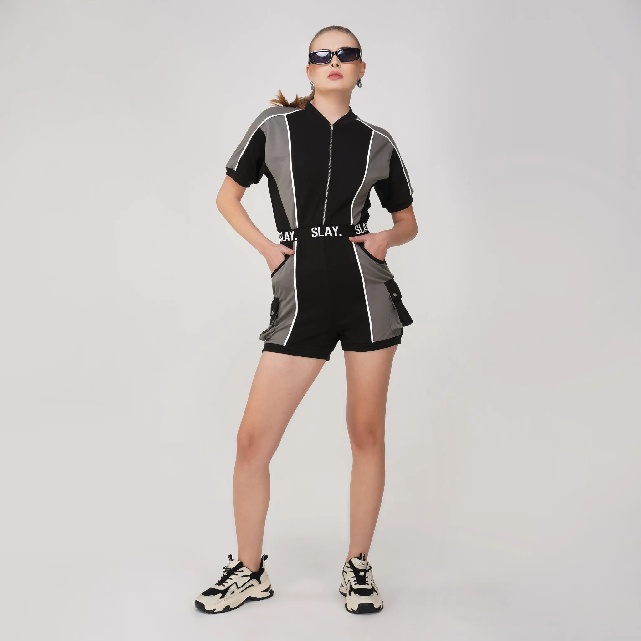 SLAY. Women's Colorblock Romper Grey Black