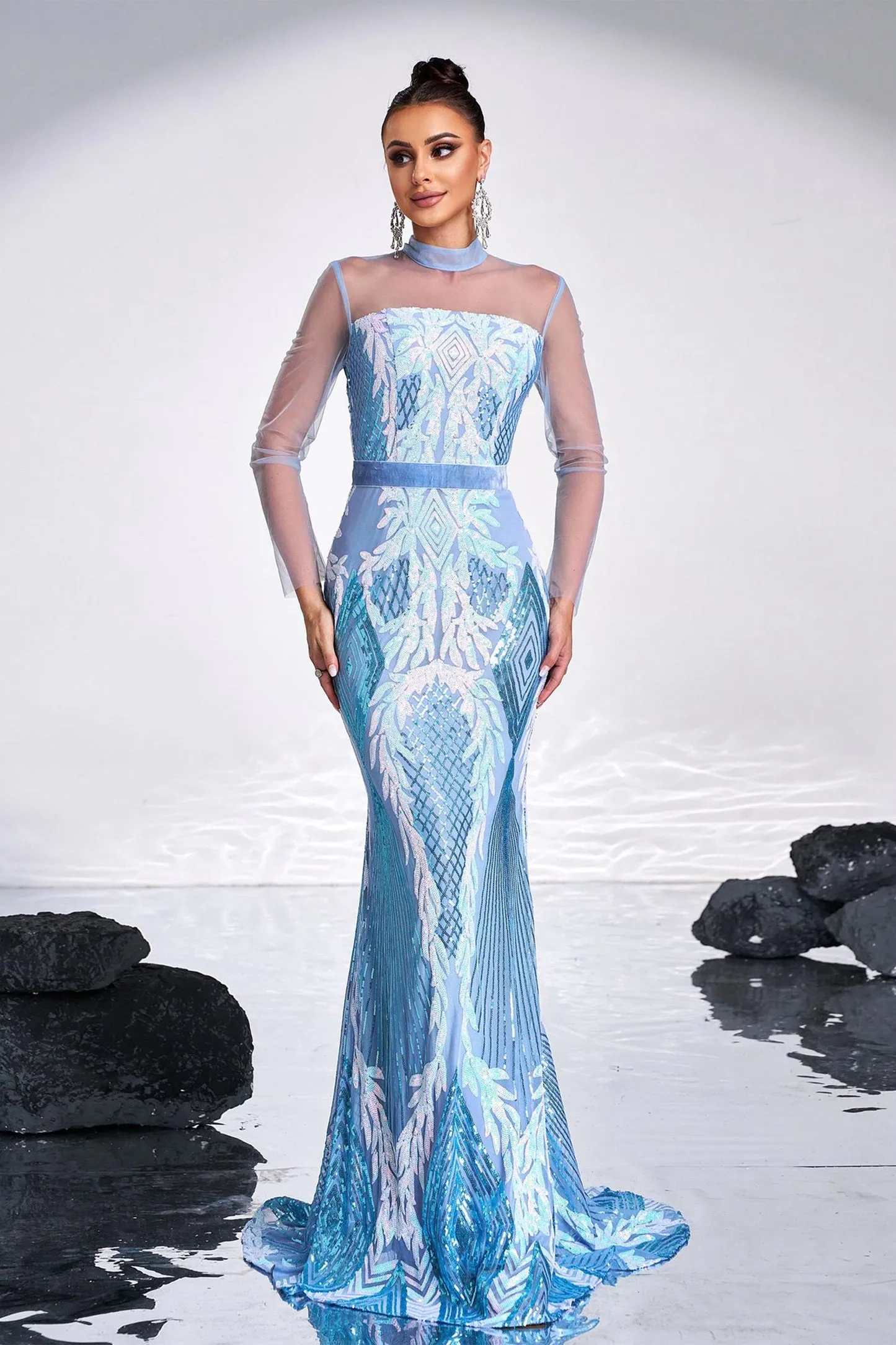 STAND COLLAR MERMAID MAXI DRESS