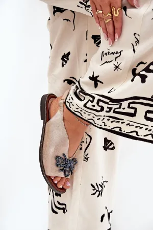 Step in Style Tan Suede Buckle Strap Sandals with Bee Decoration