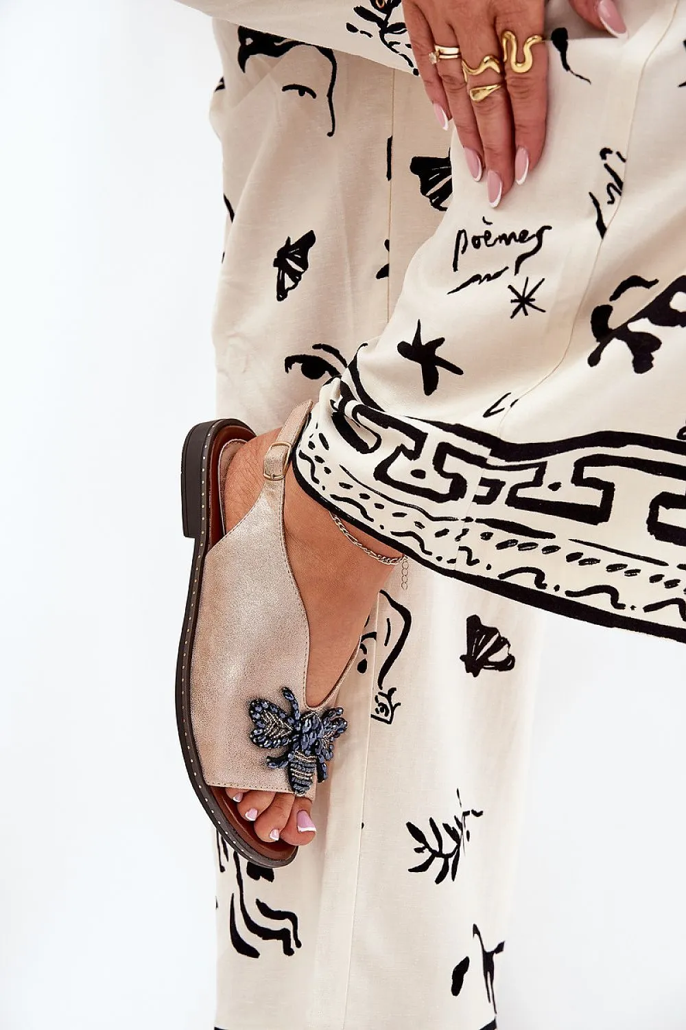 Step in Style Tan Suede Buckle Strap Sandals with Bee Decoration