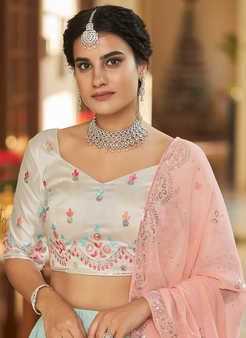 Teal And Peach Multi Embroidery Ombré Silk Lehenga Choli
