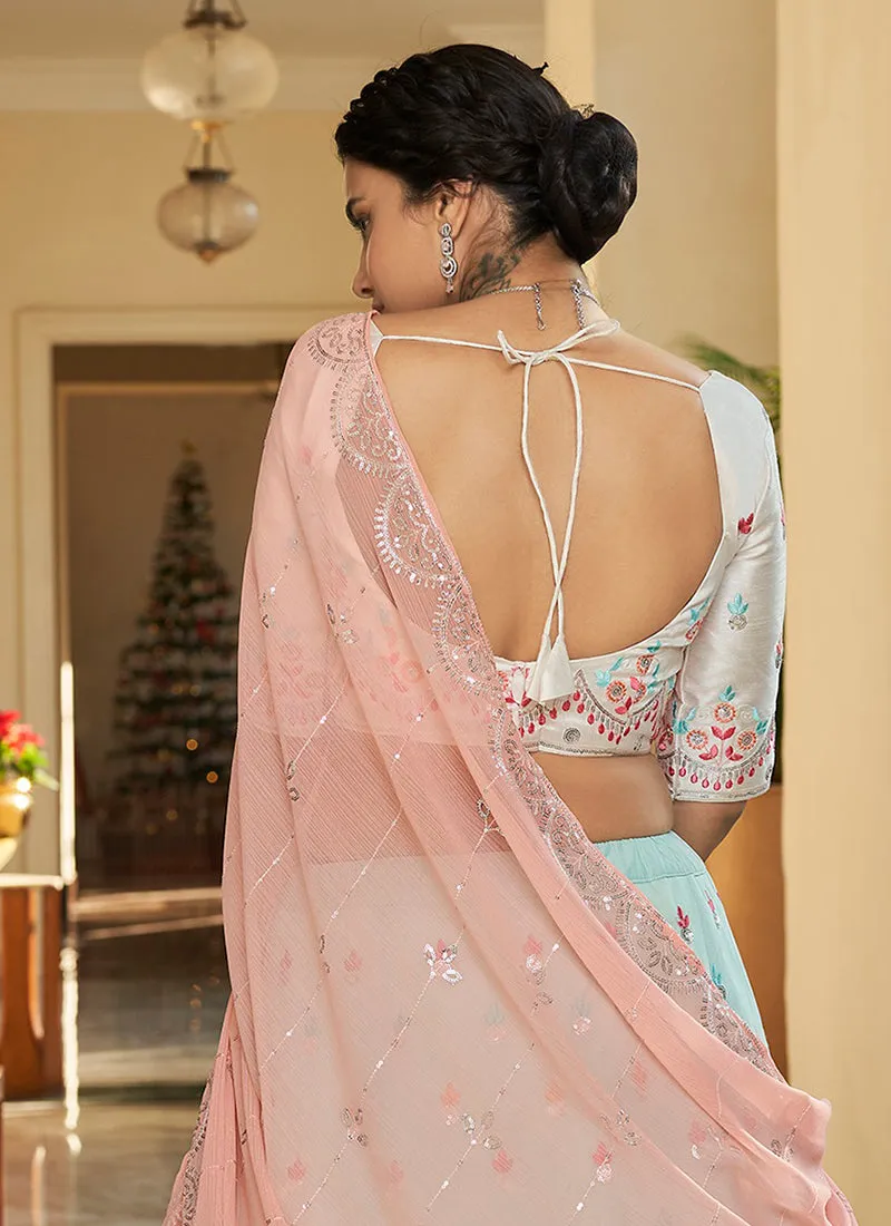Teal And Peach Multi Embroidery Ombré Silk Lehenga Choli