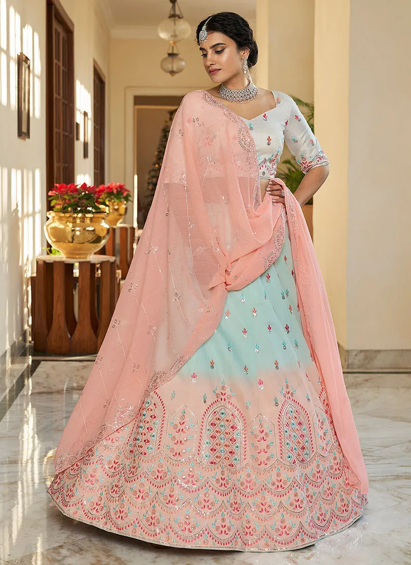 Teal And Peach Multi Embroidery Ombré Silk Lehenga Choli