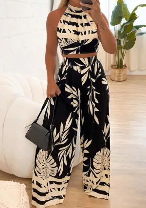 Tropical Print Halter Neck Two-Piece Set with Wide-Leg Pants
