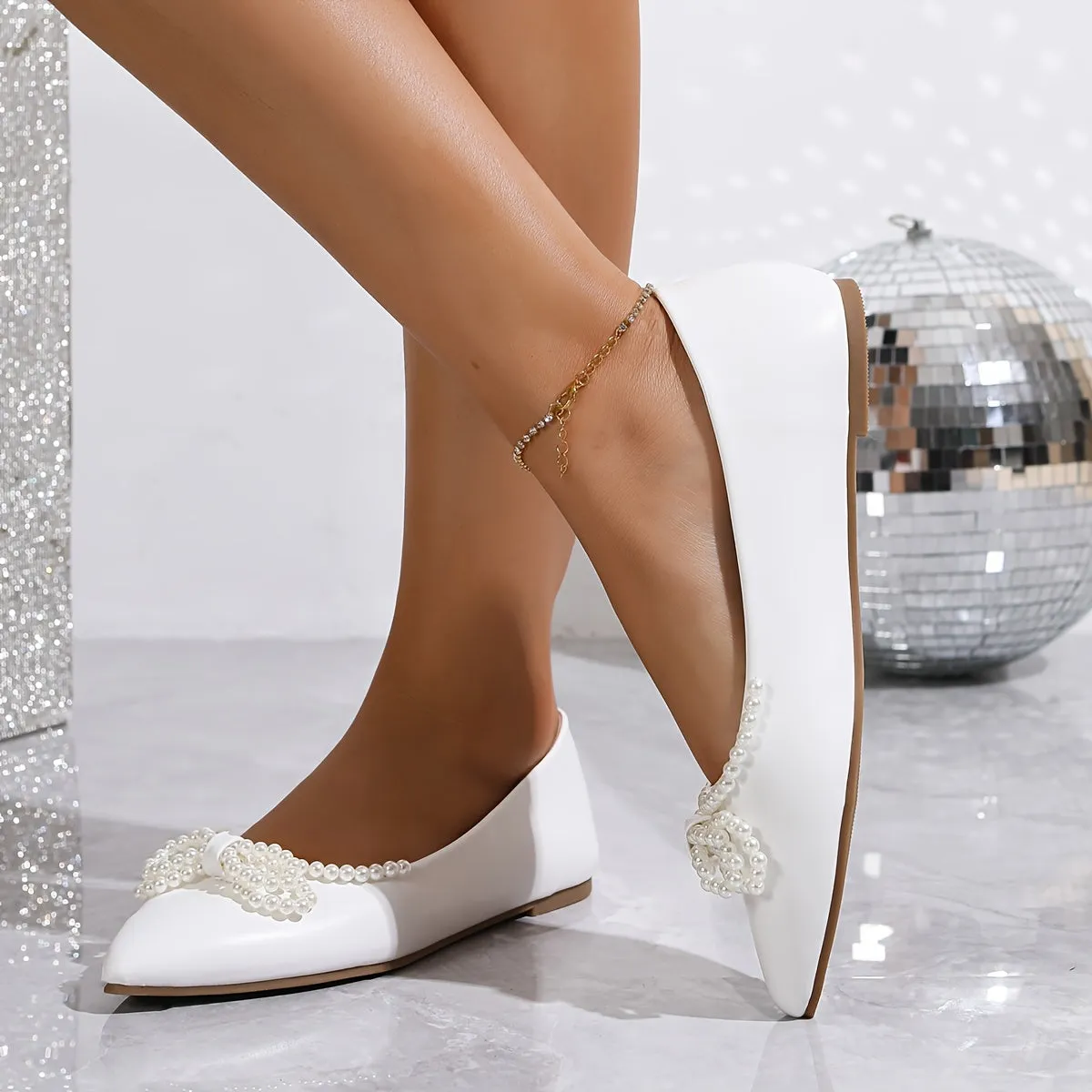 VougeVamp Elegant Pearl Bow Pointed-Toe Flats – White Bridal & Bridesmaid Wedding Shoes